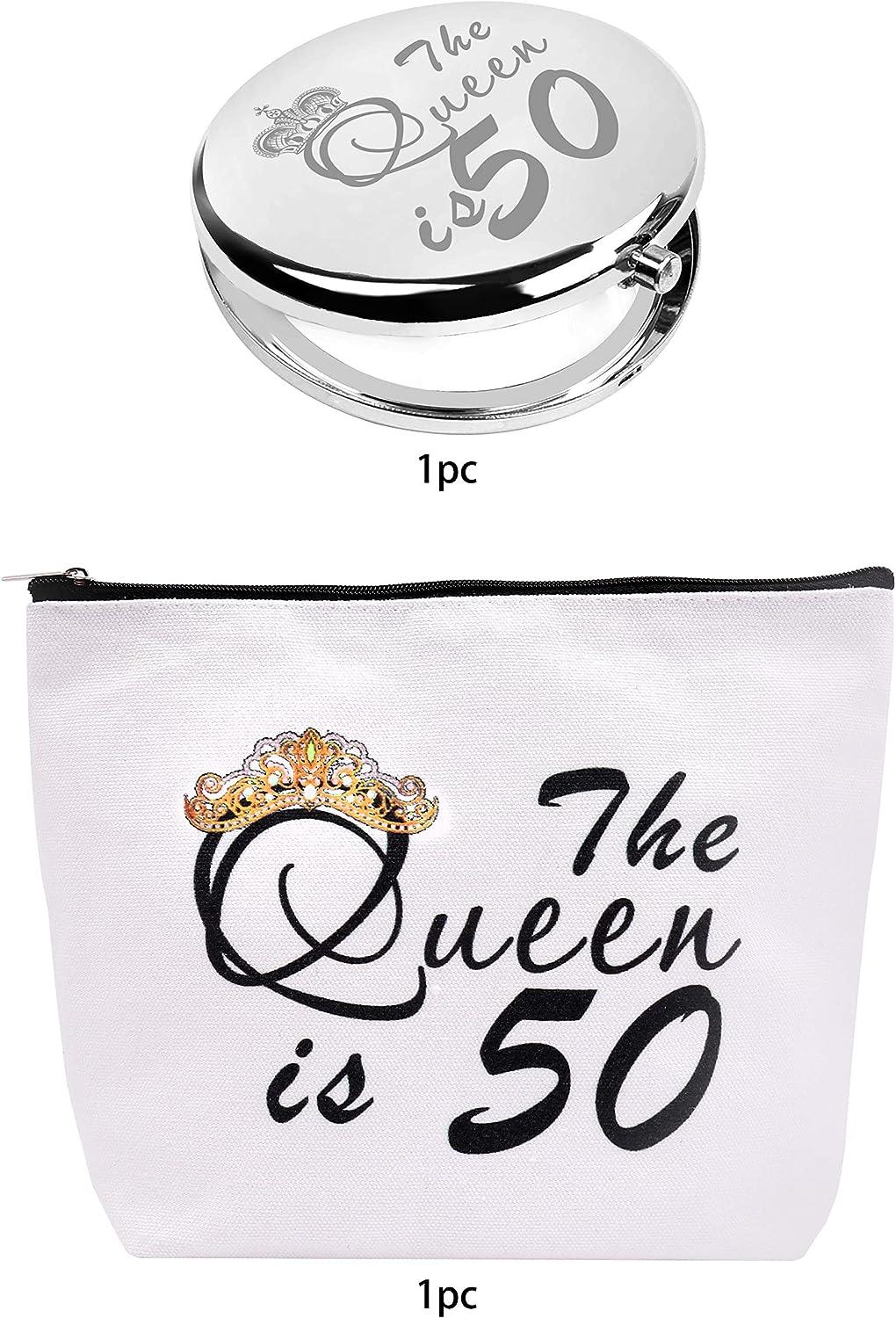 VeryMerryMakering 50th Birthday Gift Set For Women - Compact Mirror & Makeup Bag, Gold, "50 & Fabulous"
