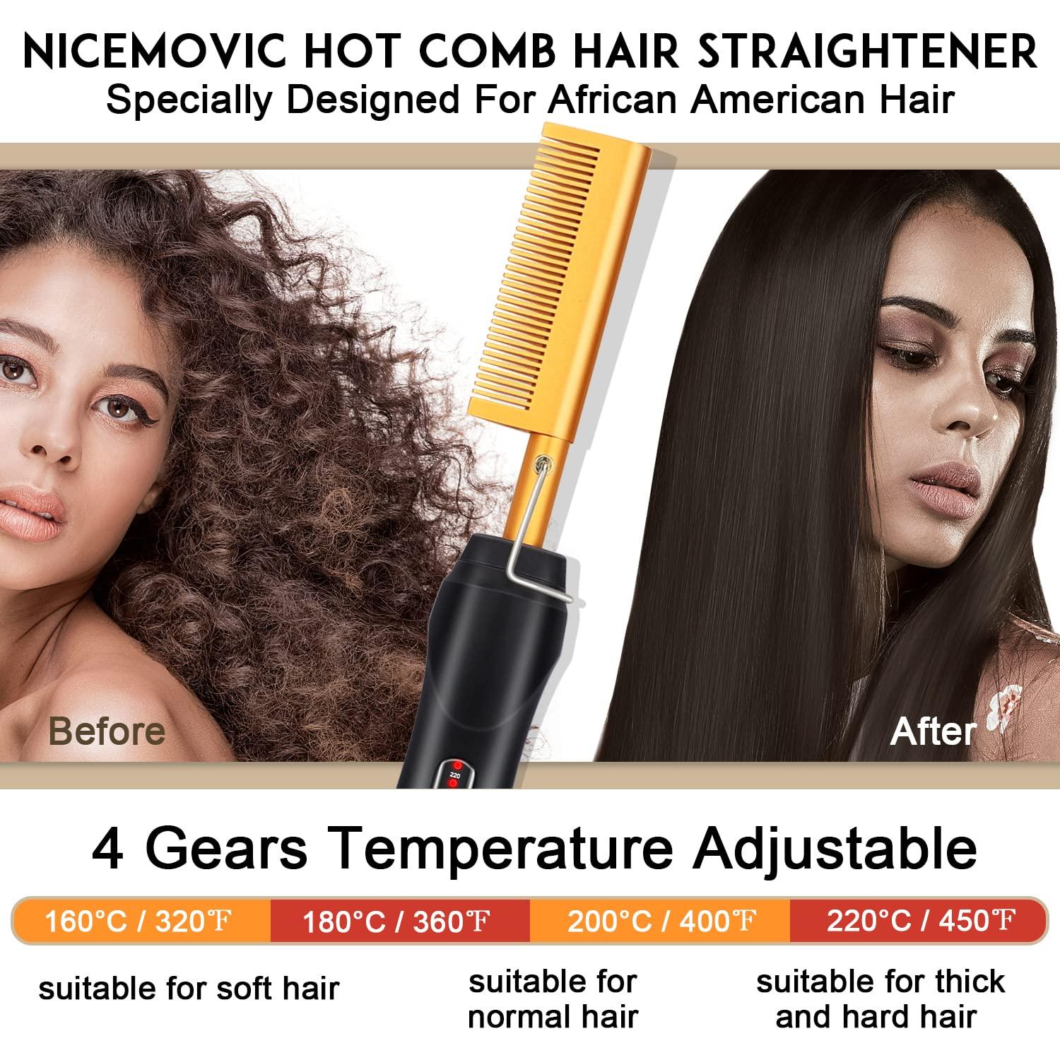 Hot Comb Electric Heating Comb, NICEMOVIC Ceramic Heat Pressing Comb Brush Hair  Straightener Hot Comb, Curling Hair Straightening Comb for Natural Black  Hair Beard Wigs(Gold)