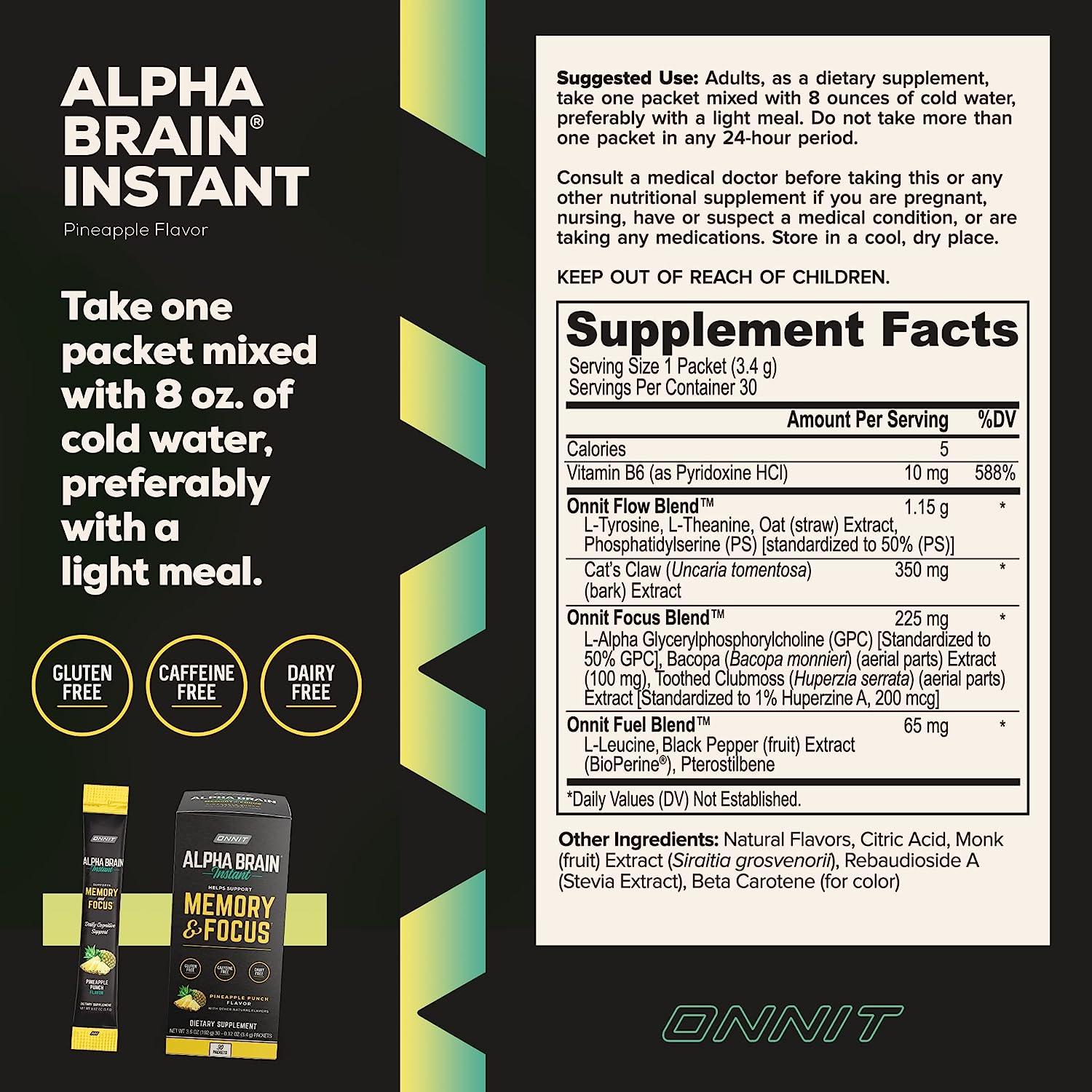 Onnit Alpha Brain Memory & Focus, Instant, Blackberry Lemonade Flavor - 30 pack, 0.16 oz packets