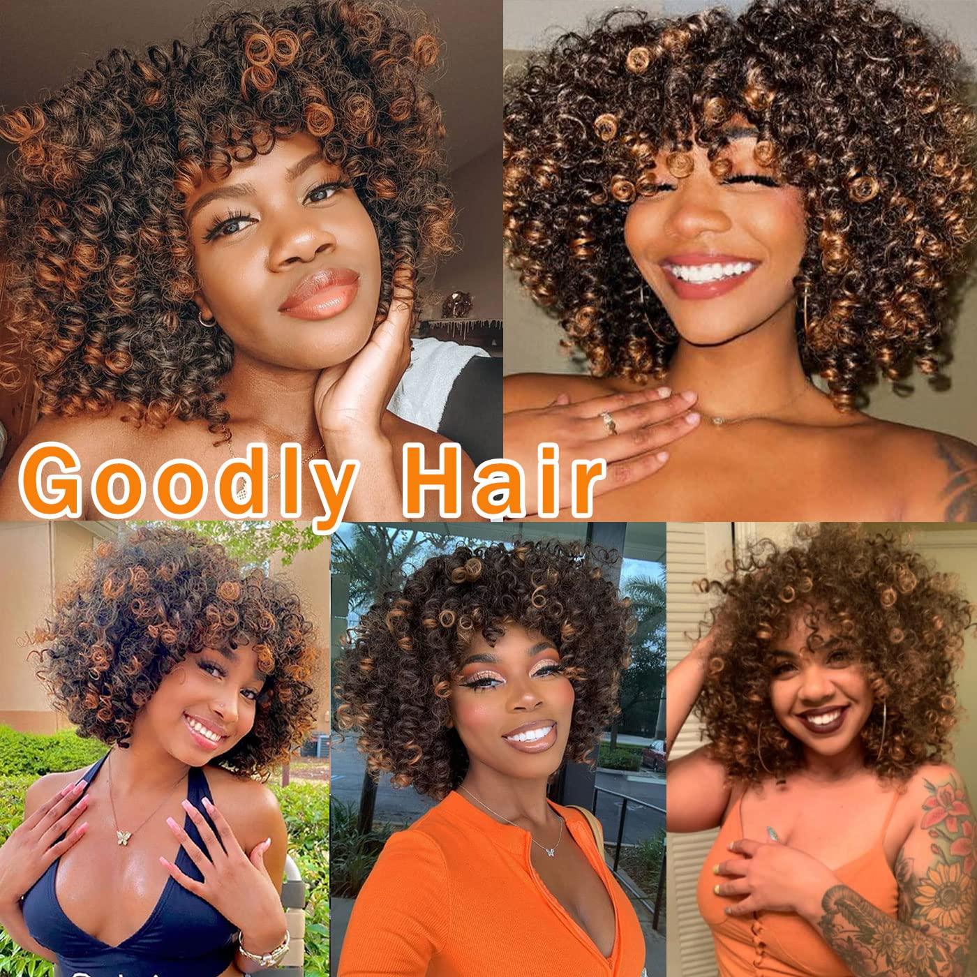 Goodly Short Afro Wigs For Black Women Curly Wigs with Bangs Synthetic  Kinky Curly Hair Wig Full Wigs(brown)