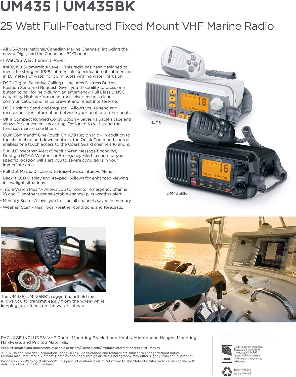 Uniden UM435 Advanced Fixed Mount VHF Marine Radio, All USA/International/Canadian Marine