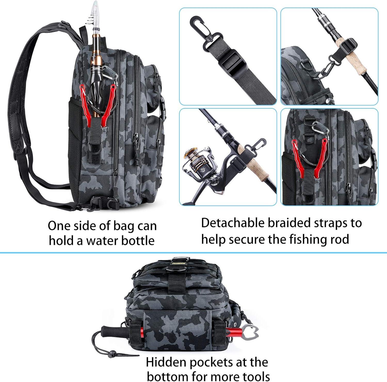 PLUSINNO Fishing Backpack Tackle Bag Water-Resistant Fishing Backpack with Rod  Holder Large Fishing Bag for Fishing Gear Ideal Fishing Gifts for Men  Large(16.5*10.5*5.5inch)-Black Camo