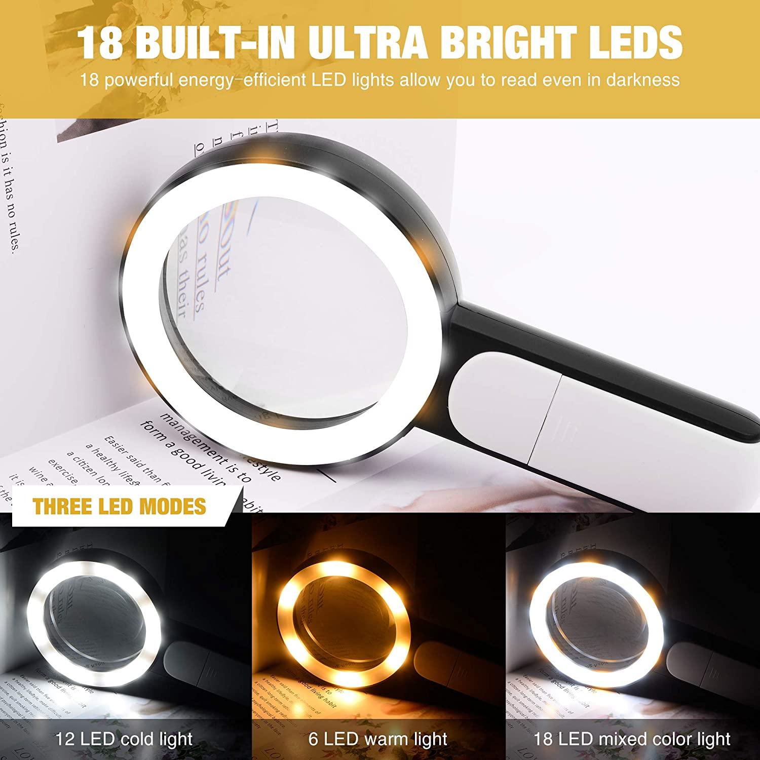 Lighted Magnifying Glass-10X Hand Held Large Reading Magnifying Glasses  With 12 LED Illuminated Light For Seniors, Repair, Coins,Reading Magnifier  For