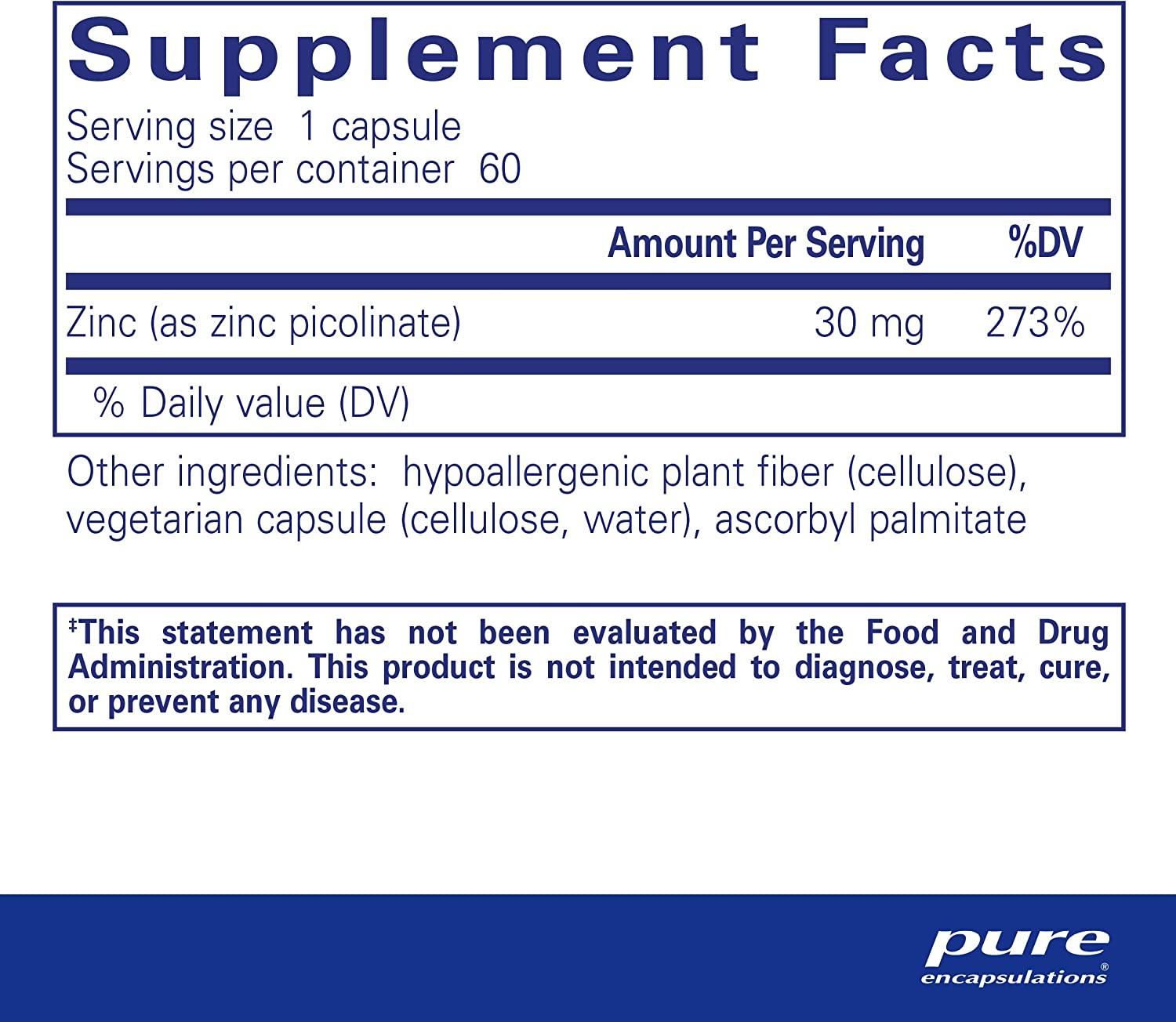 Pure Encapsulations Zinc 30 mg Zinc Picolinate Supplement for Immune