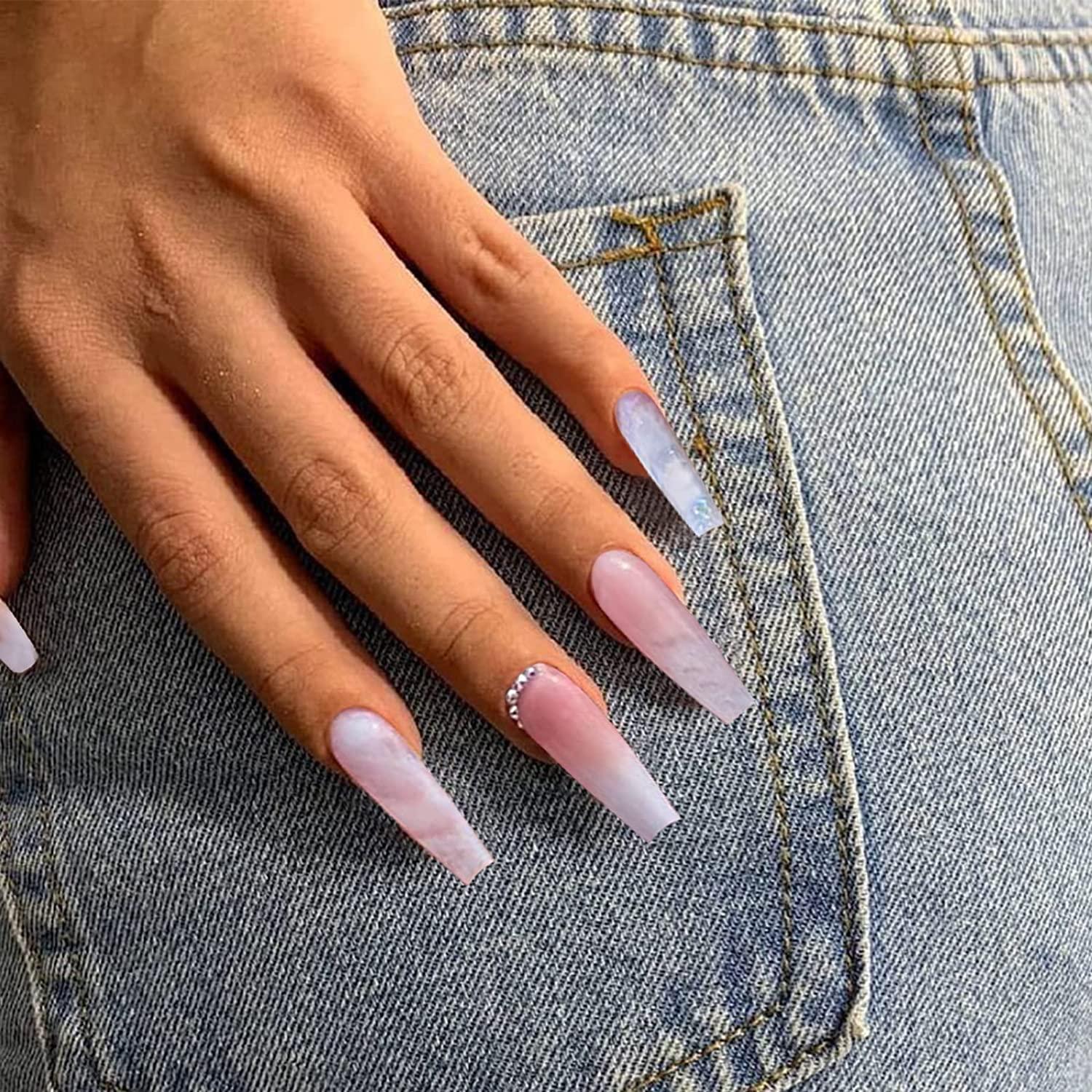 YOSOMK luxurious Long Press on Nails Gems Pink Coffin Fake Nails with