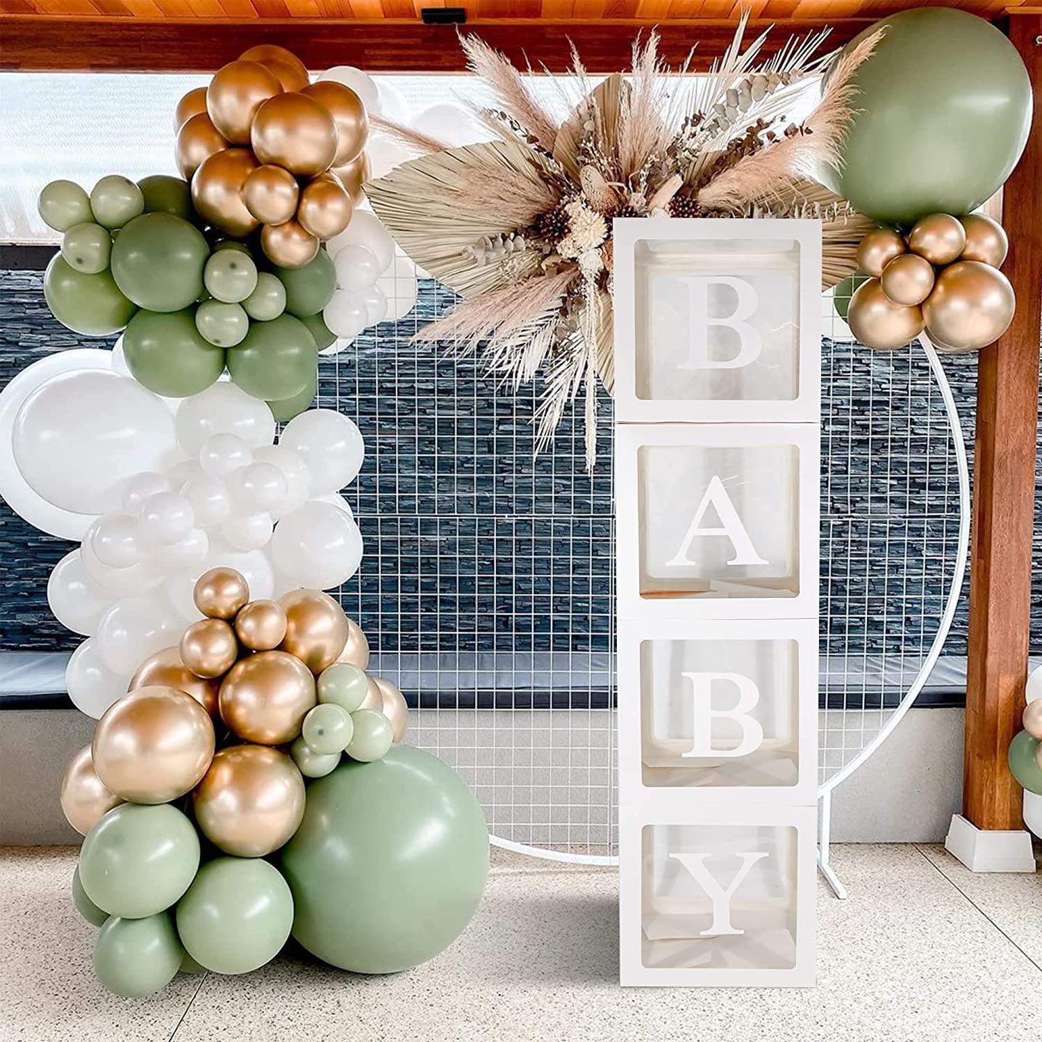 Premium Baby Shower Decorations For Boy or Girl Kit - Jumbo 4 pcs  Transparent Balloon Boxes Decor with Letters, Balloon Blocks Includes BABY  Letters, Gender Reveal Decor, 1st Birthday Party Backdrop White
