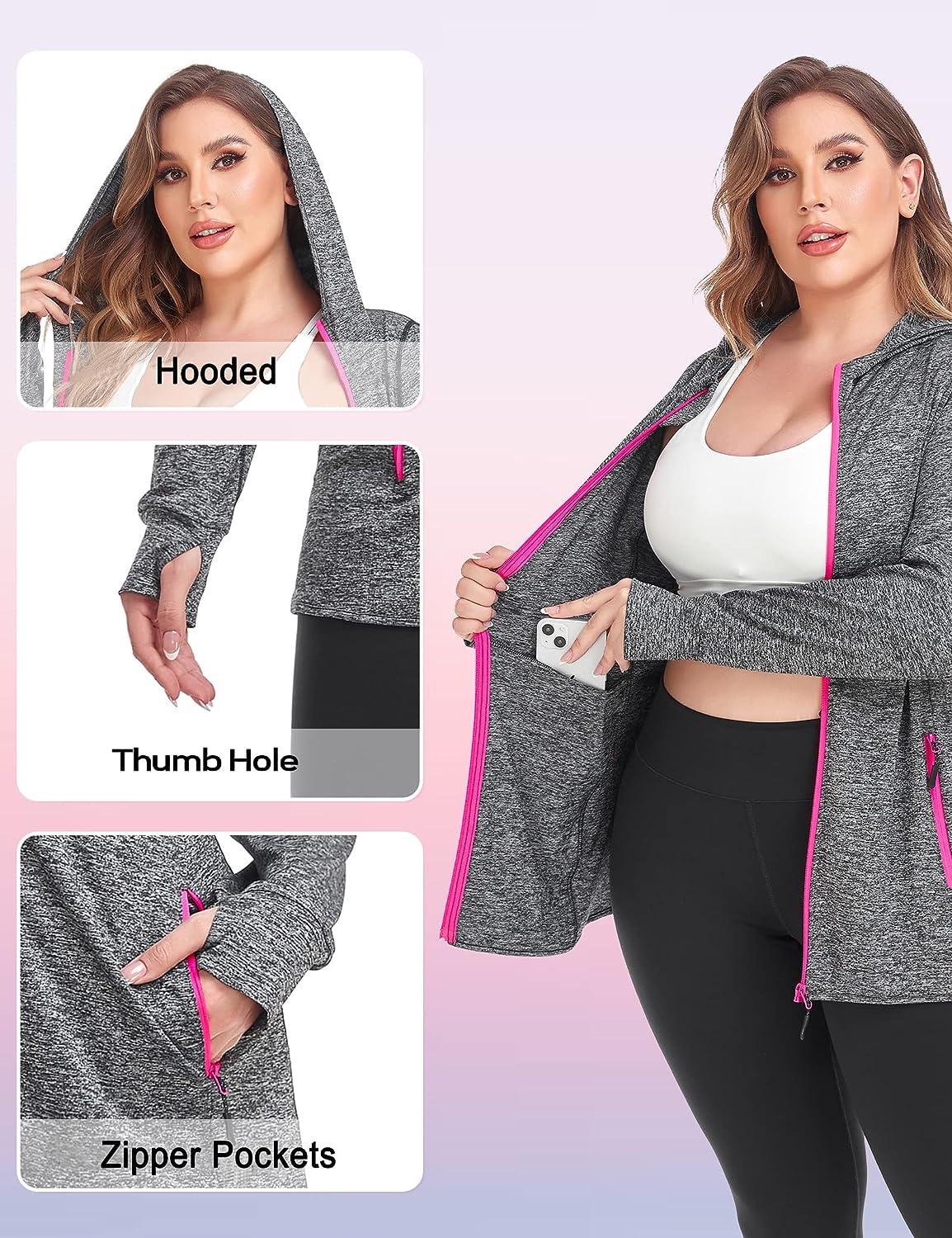 COOTRY Womens Plus Size Workout Jackets Full Zip Up Lightweight Athletic  Running Hoodies with Thumb Holes A-thumb Holes Gray 2X