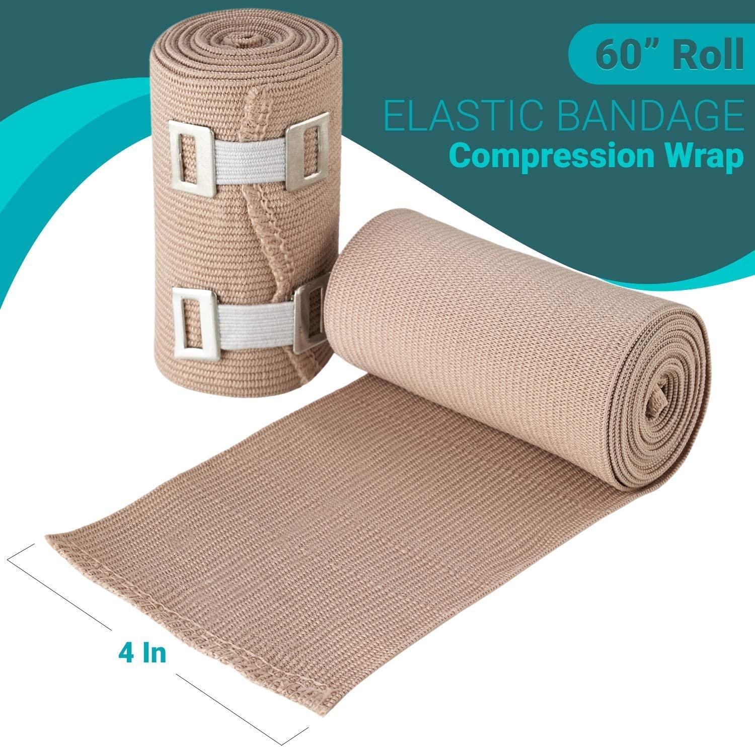 Elastic Compression Bandage Wrap - Premium Quality (Set of 4) with Hooks,  Athletic Sport Support Tape Rolls for Ankle, Wrist, Arm, Leg Sprains