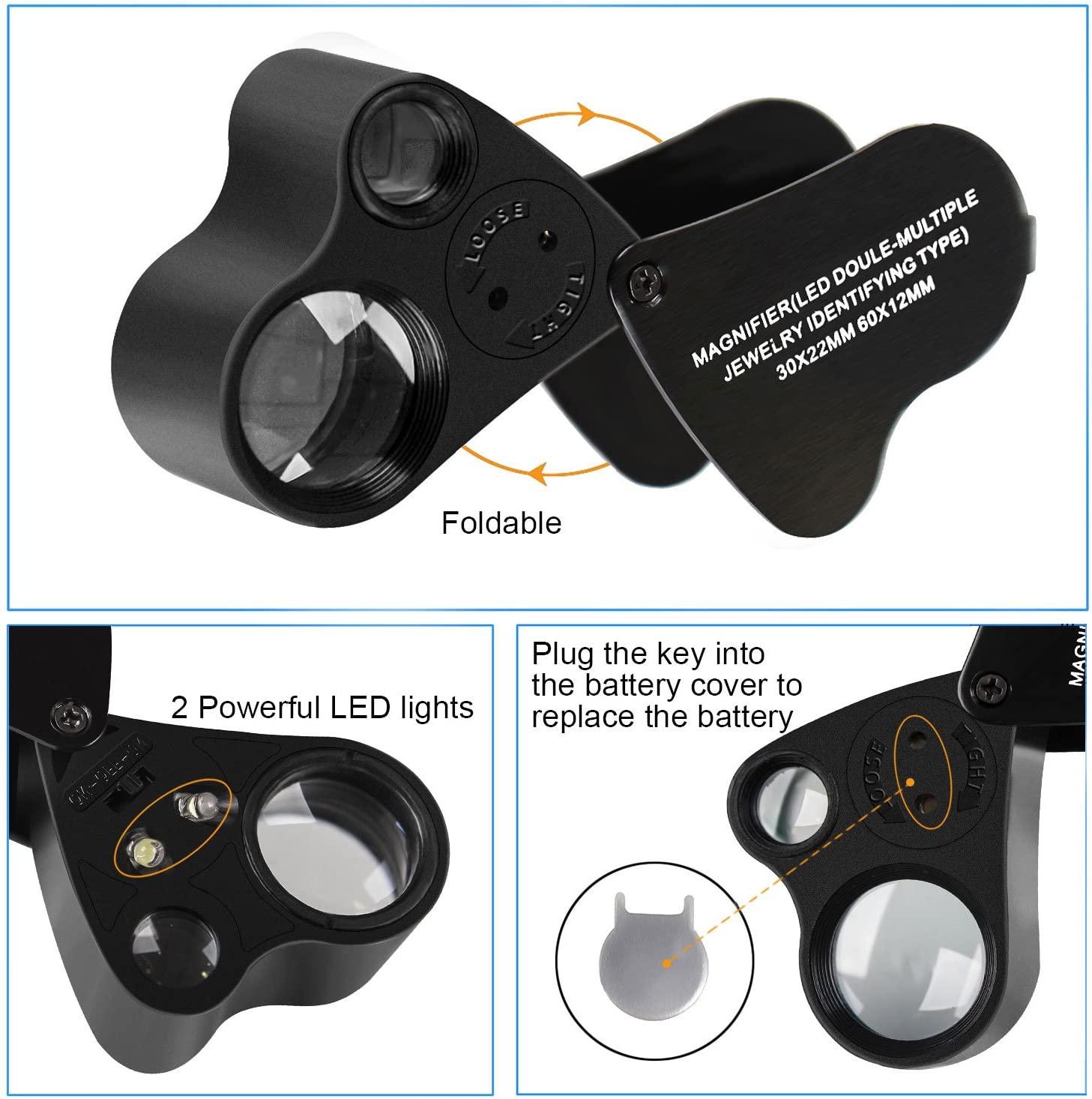 Jewelers Loupe Magnifier with Light 40x Foldable Magnifying Glass for Coins Diamonds Jewelry Gems Plants Watches Stamps Etc, Women's, Size: Small