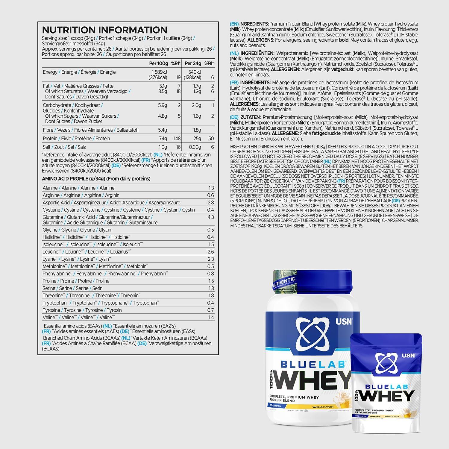 USN Blue Lab Whey Protein, Premium Whey Protein Powder, Scientifically Developed Post-Workout Muscle Building Protein Powder With BCAAs, Wheytella, 908 G - View #10