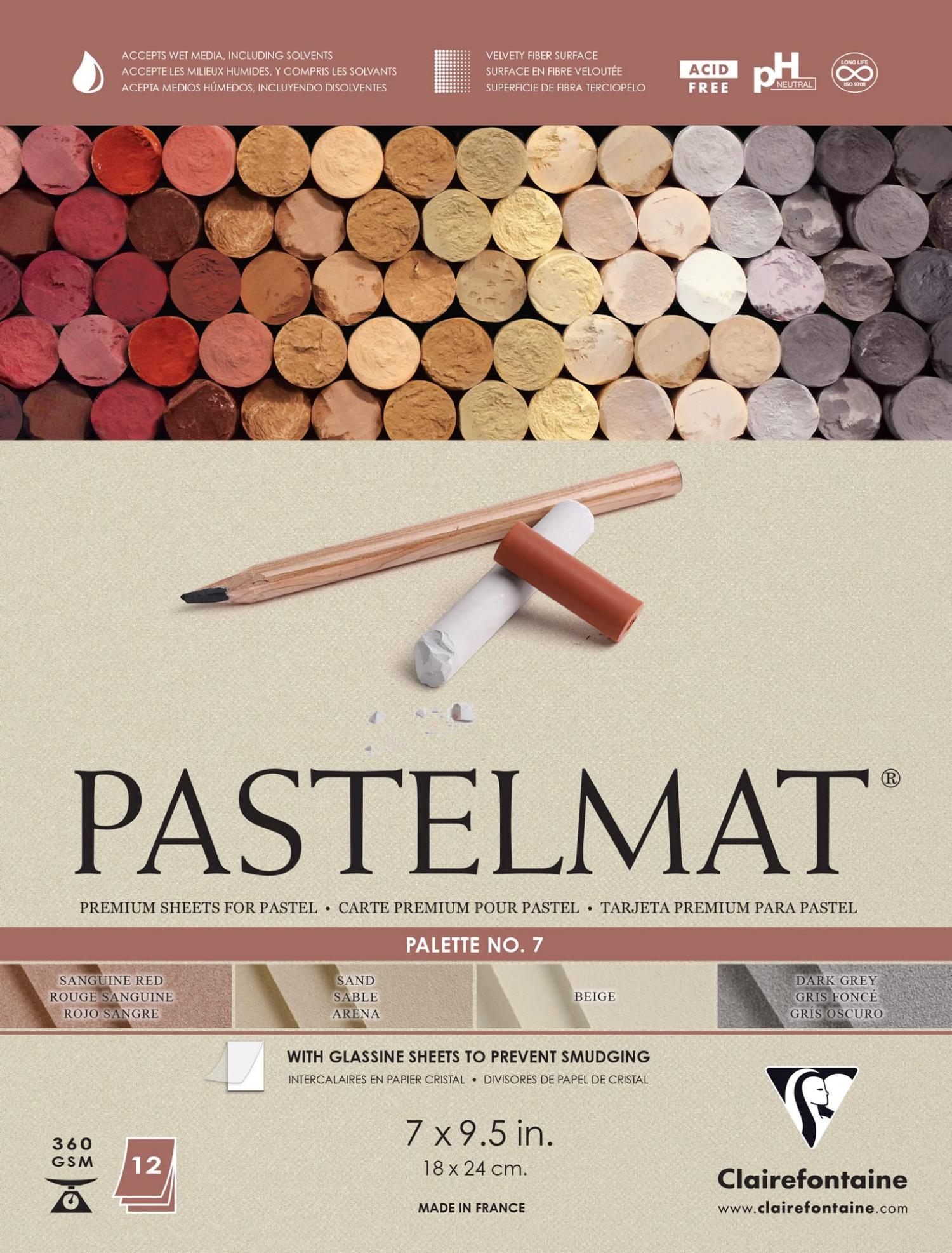 Clairefontaine Pastelmat Glued Pad - Palette No. 7 - (7 x 9 1/2 Inches) 18  x 24 cm - 360g - 12 Sheets - Sanguine Red Sand Beige Dark Grey 18 x 24 CM  Sanguine Red Sand Beige Dark Grey