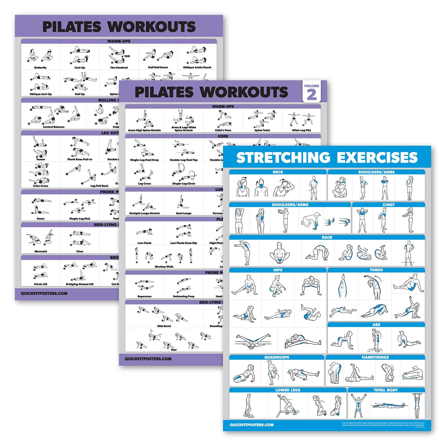 3 Pack - Pilates Workout Poster Set Volume 1 & 2 + Stretching Routine - Pilates  Mat Work Exercises - Fitness Charts 18 x 24 LAMINATED