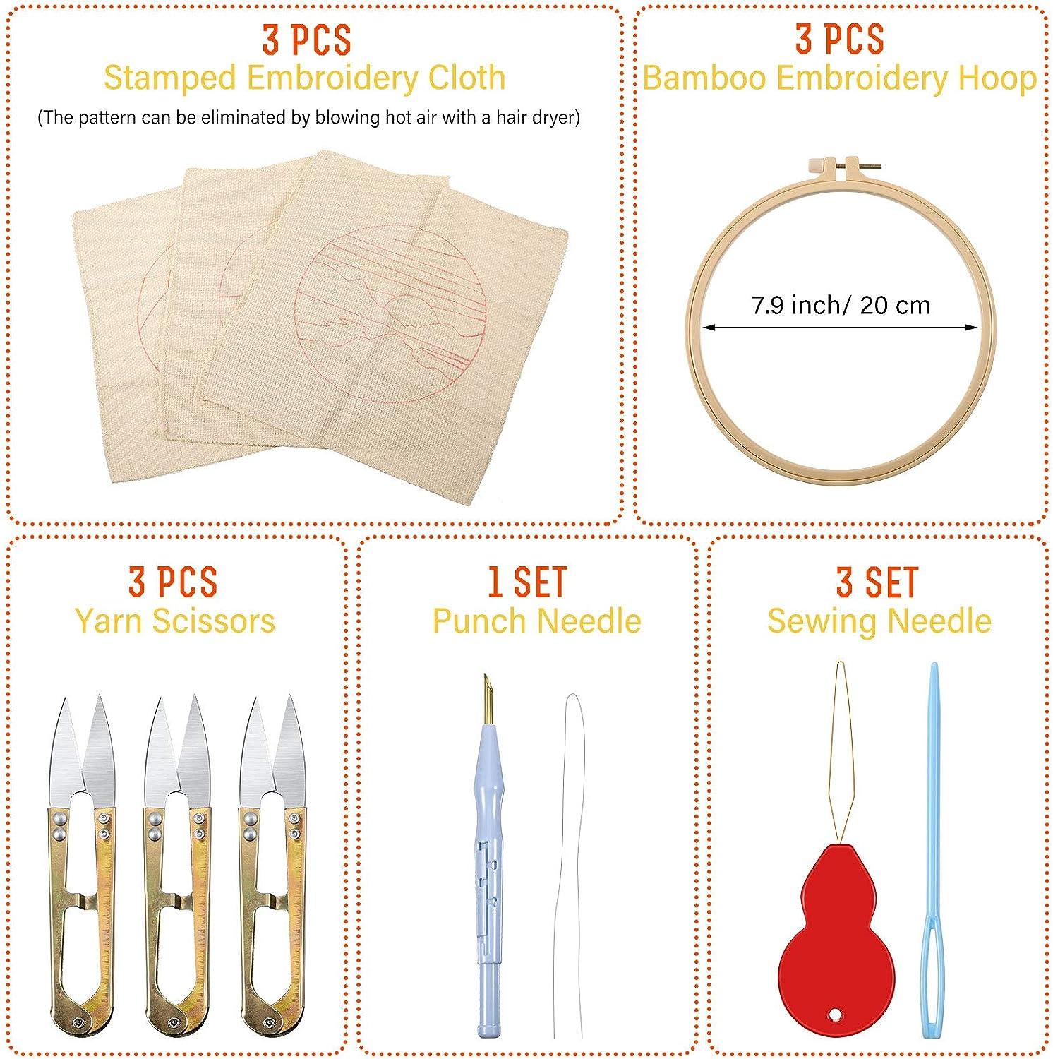 3 Sets Embroidery Starter Kit Punch Needle Kits Threader Fabric Embroidery  Hoop Yarn Rug Punch Needle with an Adjustable Embroidery Pen for Adults  Kids Beginner (Red)