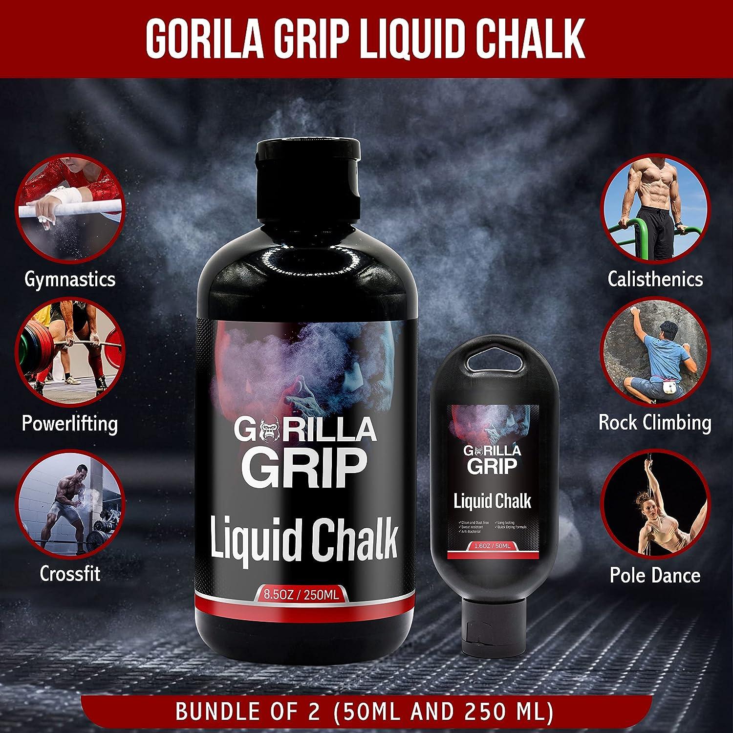 Gorilla Grip Pro Grade Liquid Chalk Bundle of 2 (50ml and 250ml), for  Weightlifting, Rock Climbing, Cross Training, Powerlifting, & Pole Dancing  Gym Approved Workout Chalk for Hands & Calluses.