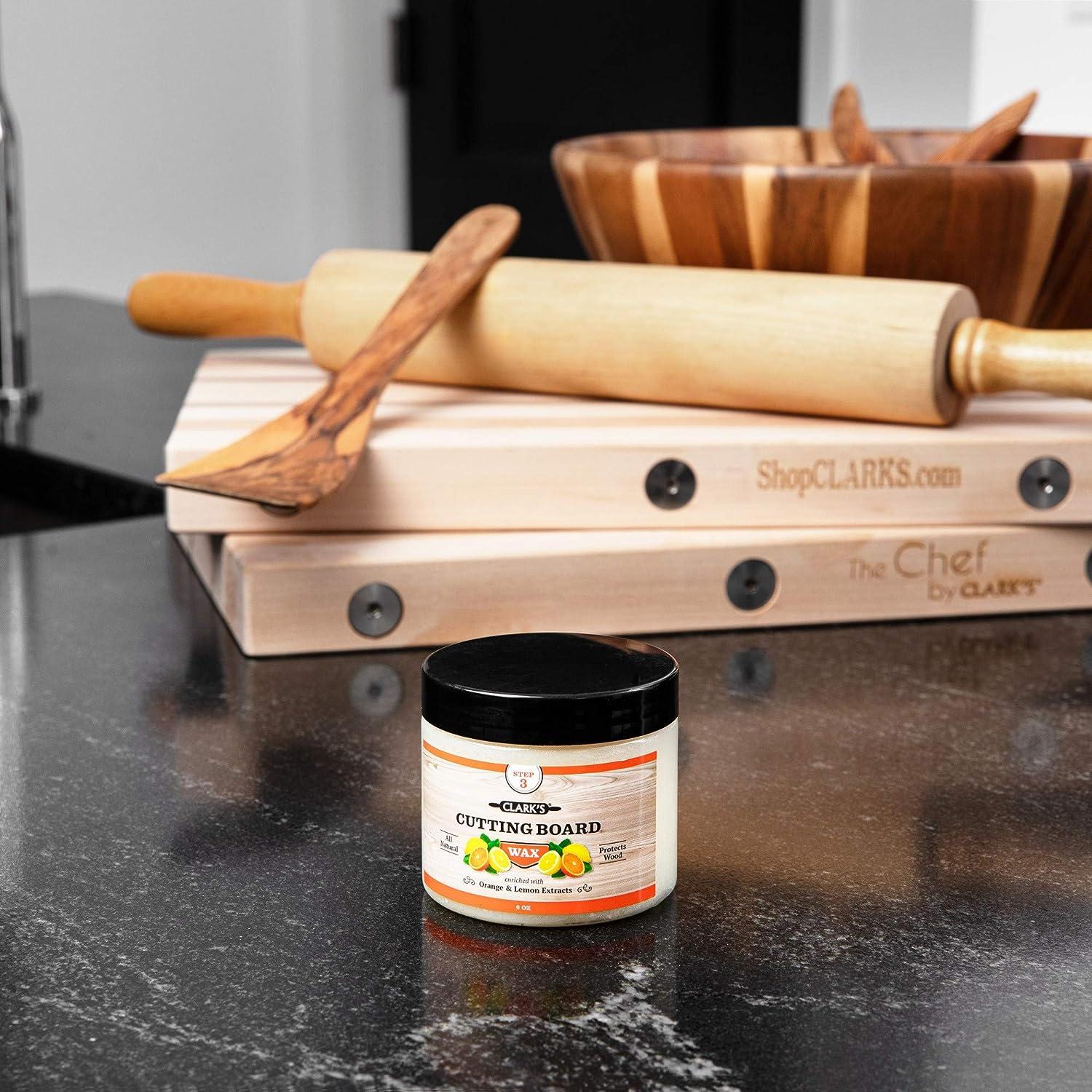 CLARKs Cutting Board Oil and Wax Kit Includes Food Grade Mineral Oil (12oz), Finishing Wax (6oz), Applicator, & Buffing Pad to Clean Protect Wood, with Natural Lemon & Orange Extract