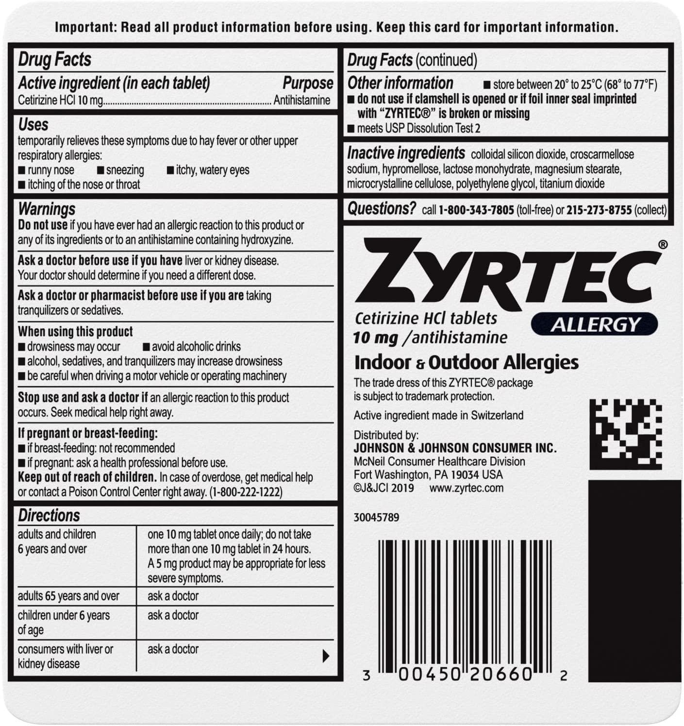 Zyrtec 24 Hour Allergy Relief Tablets 10mg 60 Count Anti histamine
