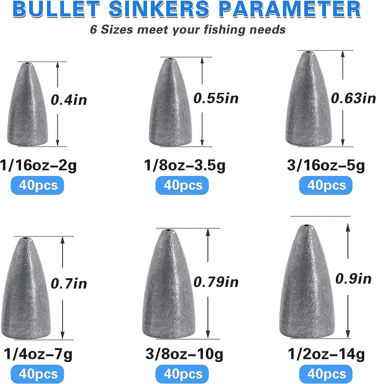 Bullet Fishing Weights Sinkers,40pcs Worm Weights Slip Sinker Assorted Set  for Bass Fishing Texas Rigs Saltwater Freshwater Fishing Tackle 1/2 1/4 1/8  1/16 3/8 3/16oz 1/8oz-40pcs