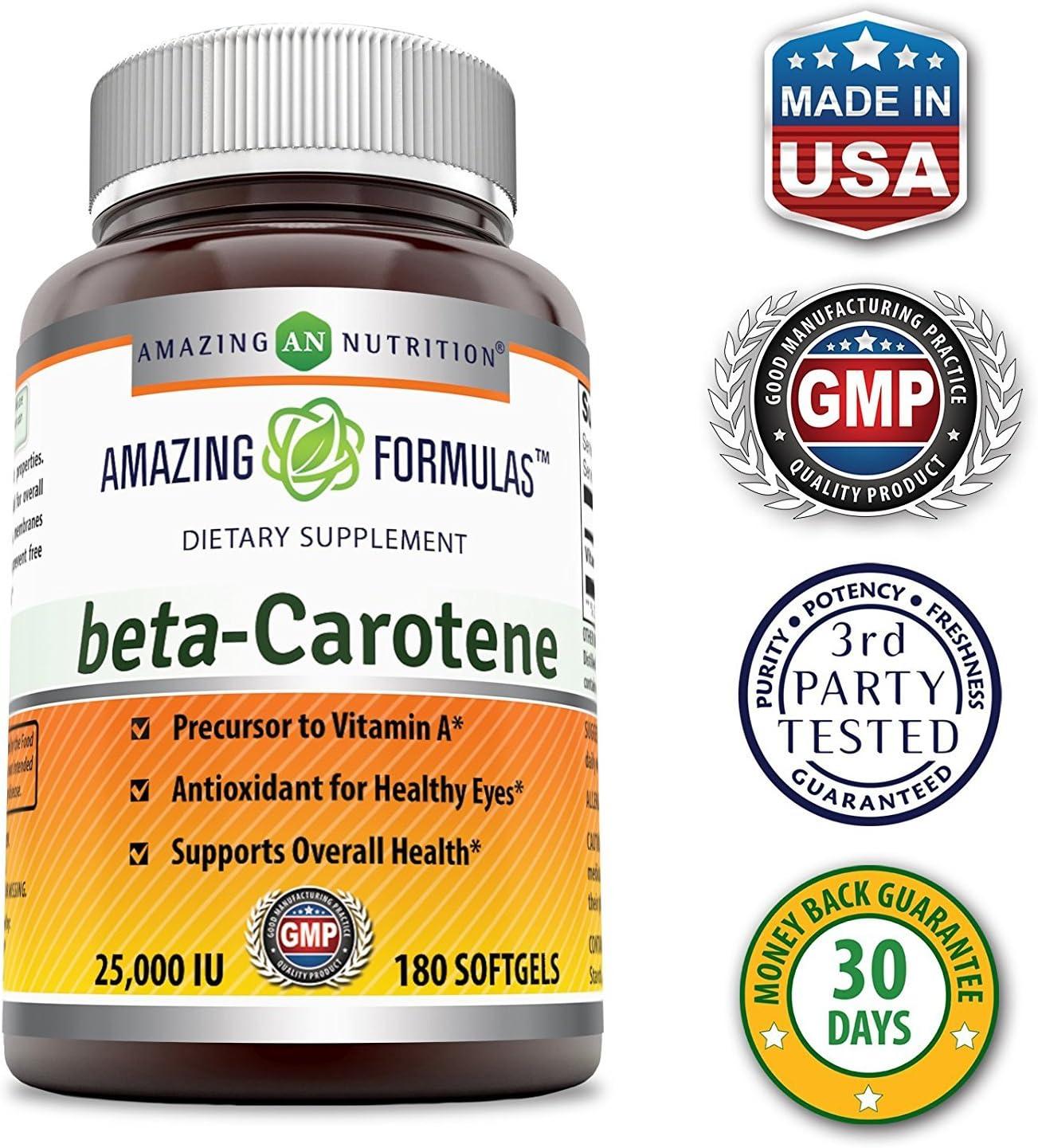 Amazing Formulas Beta Carotene 25,000 IU 180 Softgels Supplement Non