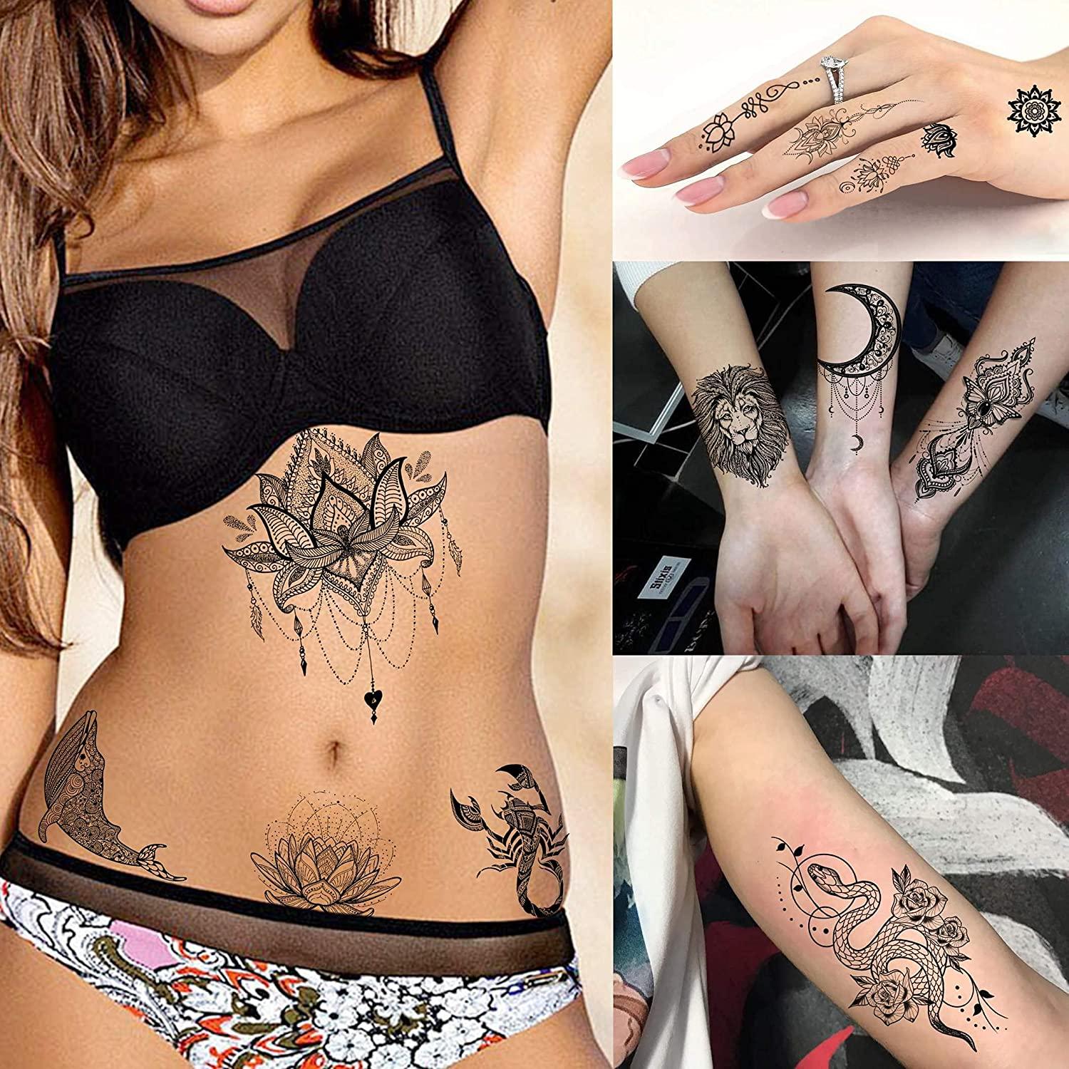 Shegazzi 58 Sheets Black Lace Temporary Tattoos For Women Girls, Large  Lotus Mandala Flower Snake Elephant Butterfly Fake Tattoos Adults Kit,  Indian Tribal Skull Tattoos Arm Sleeve Neck Tatoos Wedding