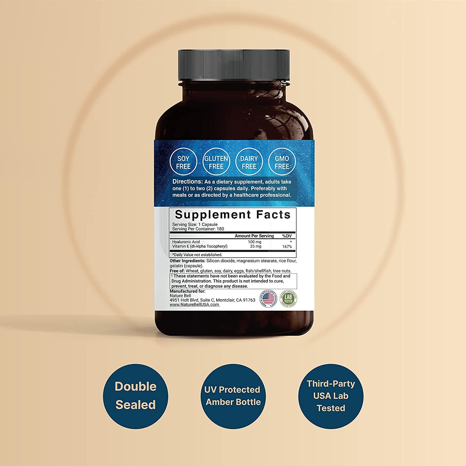 NatureBell Hyaluronic Acid with Vitamin E, 125mg,180 Capsules, Supports