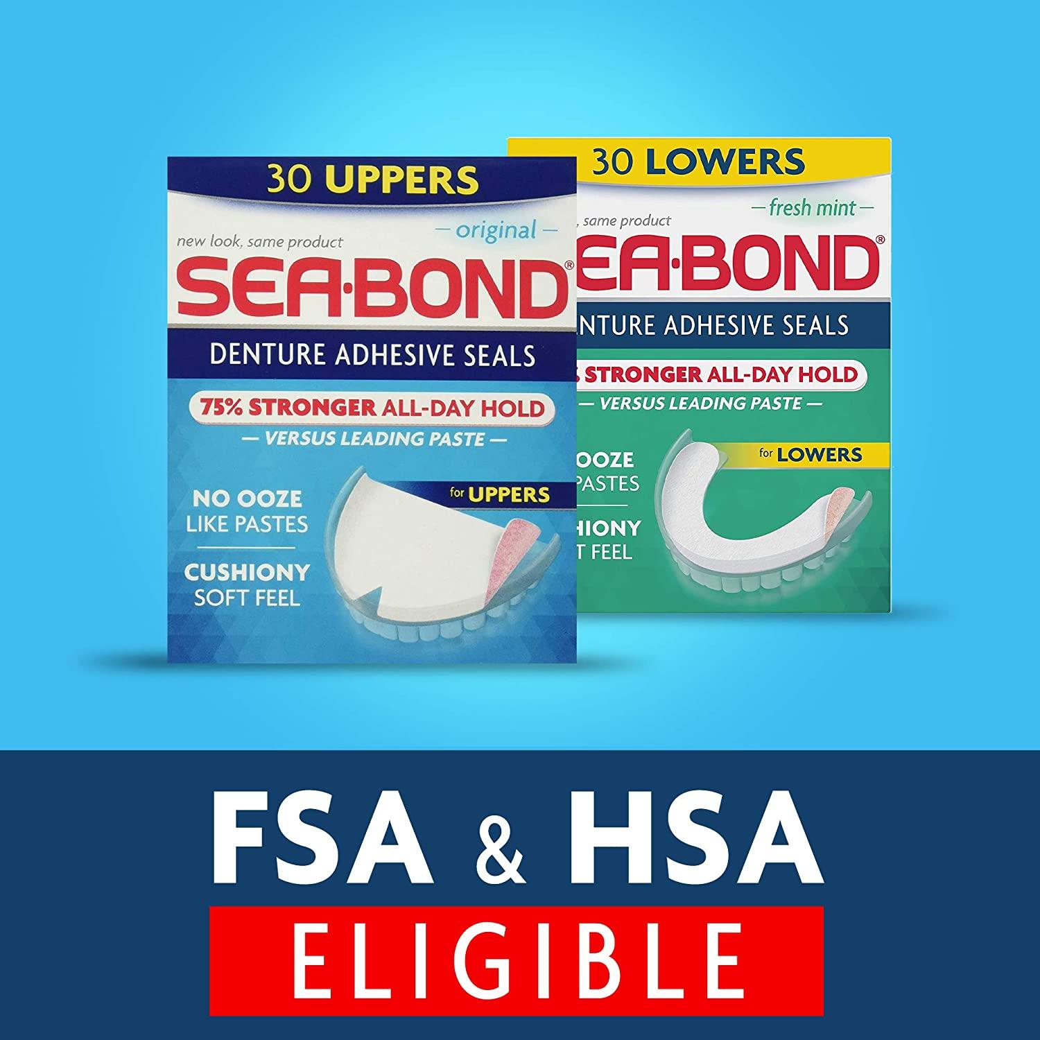 Sea Bond Secure Denture Adhesive Seals Multipack, Zinc Free, All Day Hold,  Mess Free, Original Uppers and Lowers- 30 each