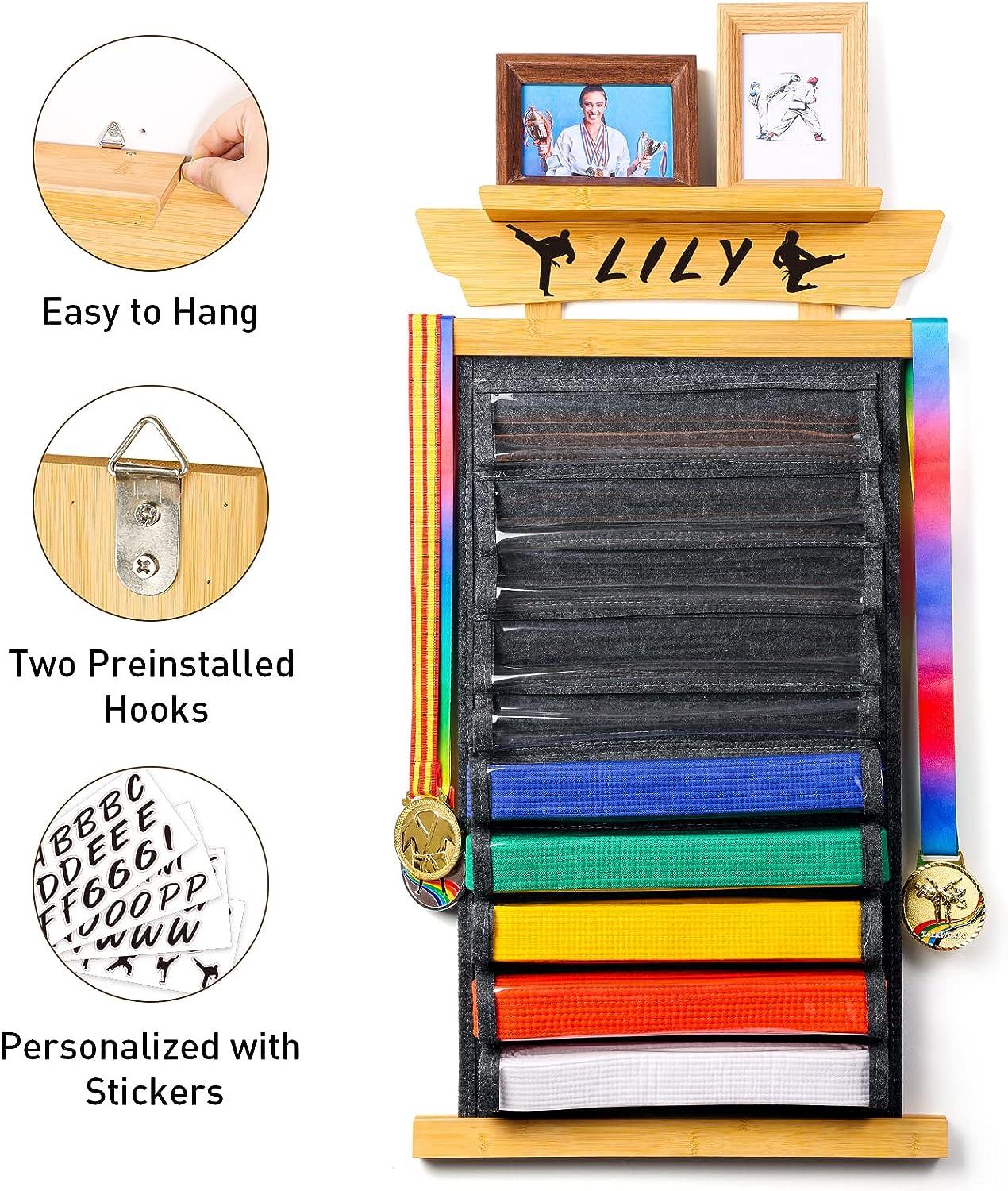 Tilhumt 10 Belt Felt Karate Belt Display Rack with Photo Shelf