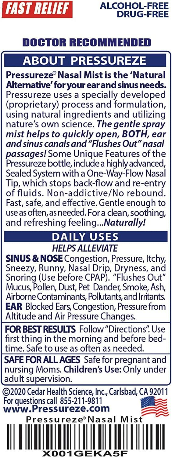 Pressureze All Natural PreservativeFree Sterile Nasal Spray Fast Relief Nasal Spray for