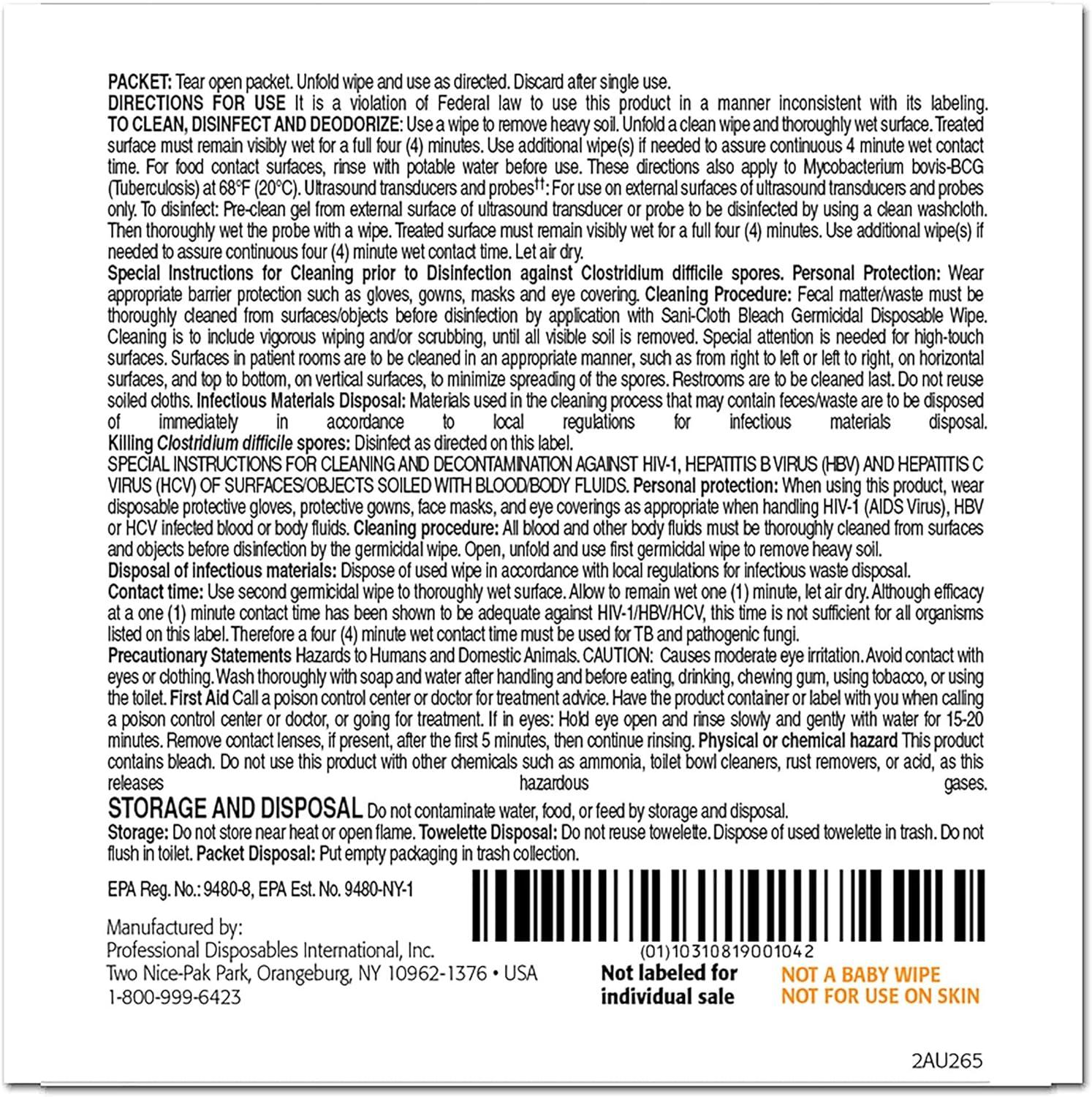 Pdi Sanicloth Bleach Wipe 11.5 X 11.75 Model U26595 Box of 40