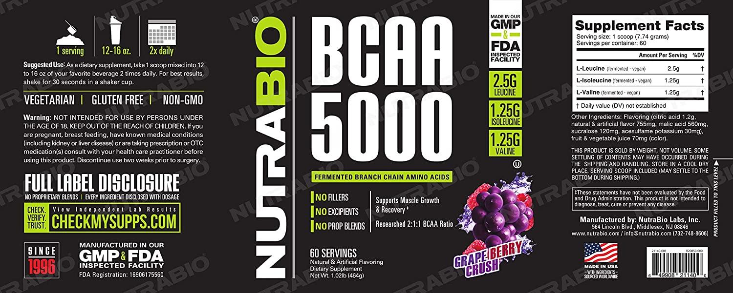 NutraBio BCAA 5000 Powder Vegan Fermented BCAAs Supports Lean