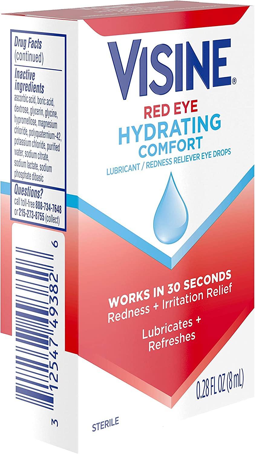  Visine Red Eye Hydrating Comfort Redness Relief and Lubricant  Eye Drops to Help Moisturize and Relieve Red Eyes Due to Minor Eye  Irritations Fast, Tetrahydrozoline HCl, 0.5 fl. oz : Health