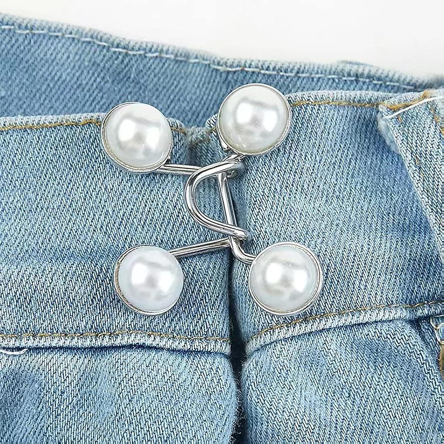 6 Pcs White Jean Button Pins Gold Adjustable Pin Pearl Jean Clips