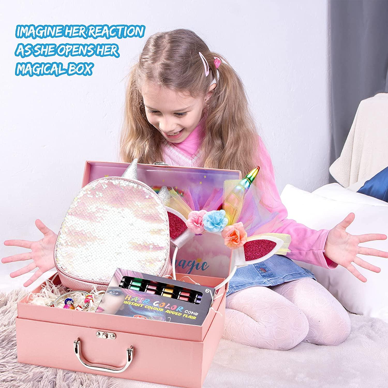 Unicorn Gift Set in Mystery Box for Girls - Pink Glitter Unicorn Bag, DIY  Charm Bracelet Making Kit, Temporary Bright Hair Chalk, Glamorous Headband,  Gift for Teen and Preteen Girls(Pink Unicorn Bag)