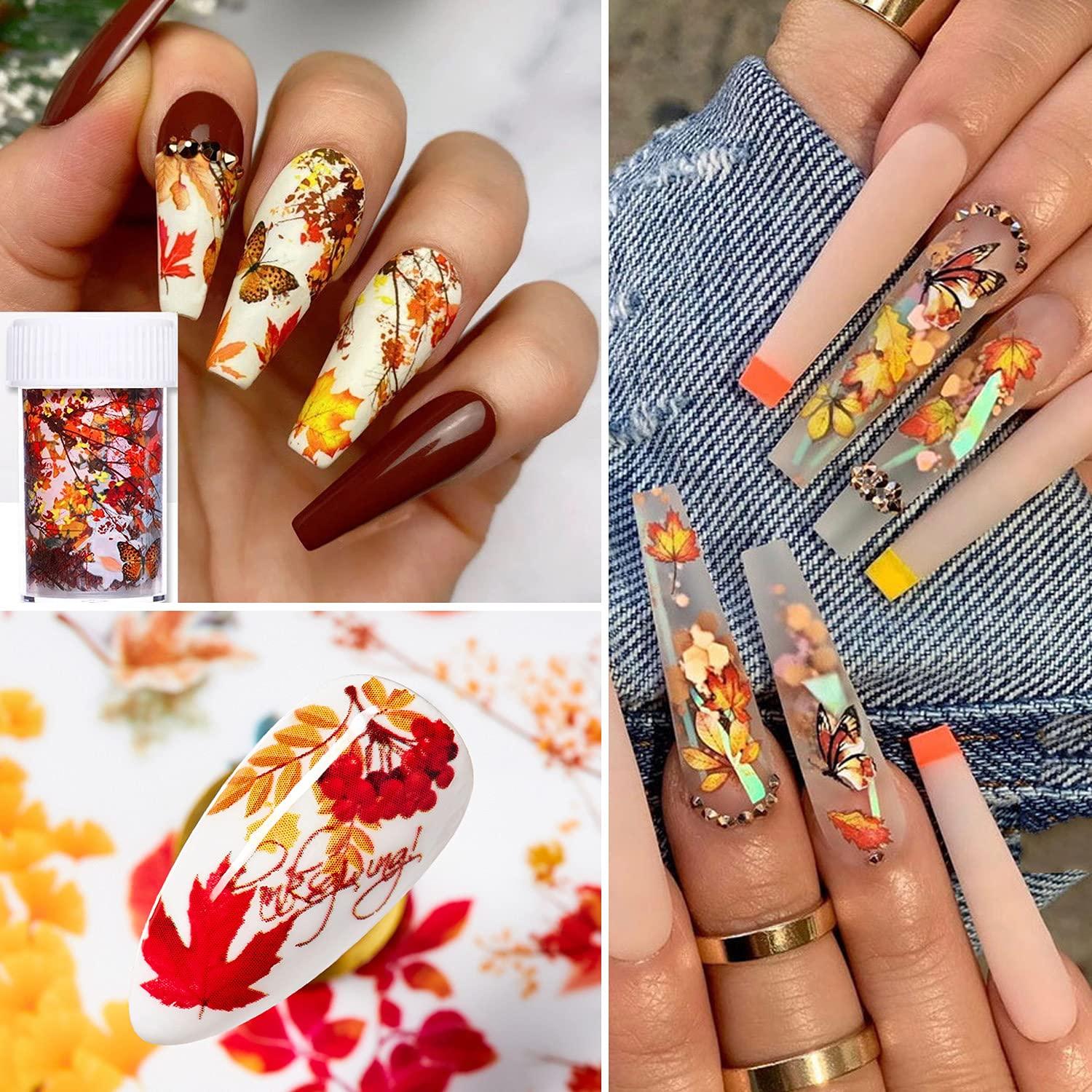 Gold Foil Fall Press on Nails  Fall Nail Designs with Leaves