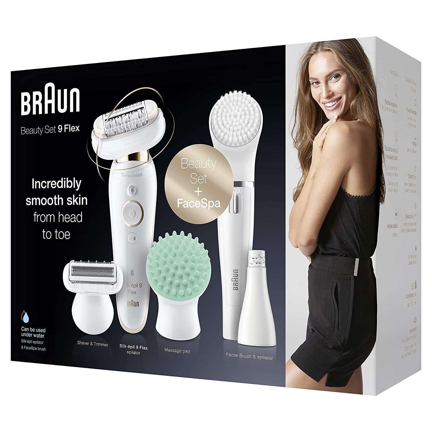 Braun Epilator Silk-pil 9 Flex 9-300 Beauty Set, Facial Hair Removal for  Women, Shaver & Trimmer, Cordless, Rechargeable, Wet & Dry, FaceSpa SE 9-300