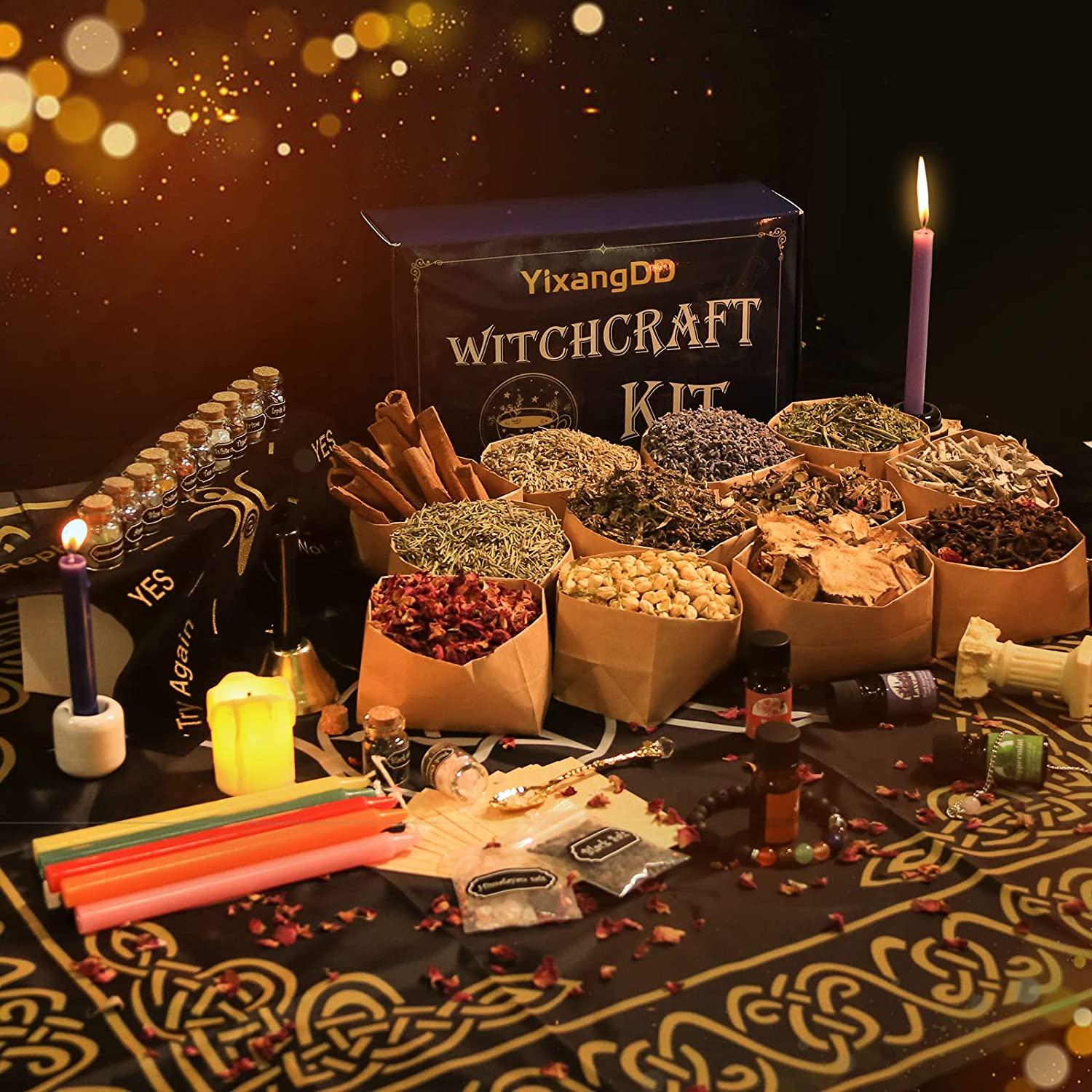 Witchcraft Supplies kit 60PCS -Witch Stuff Spell Kit - Witchcraft Supply  kit with Spell Candles ,Witchcraft Herbs , Crystal  Pendulums,Parchments,Mini Crystal Balls - Witch Starter Kit 60 Packs  Witchcraft Supplies