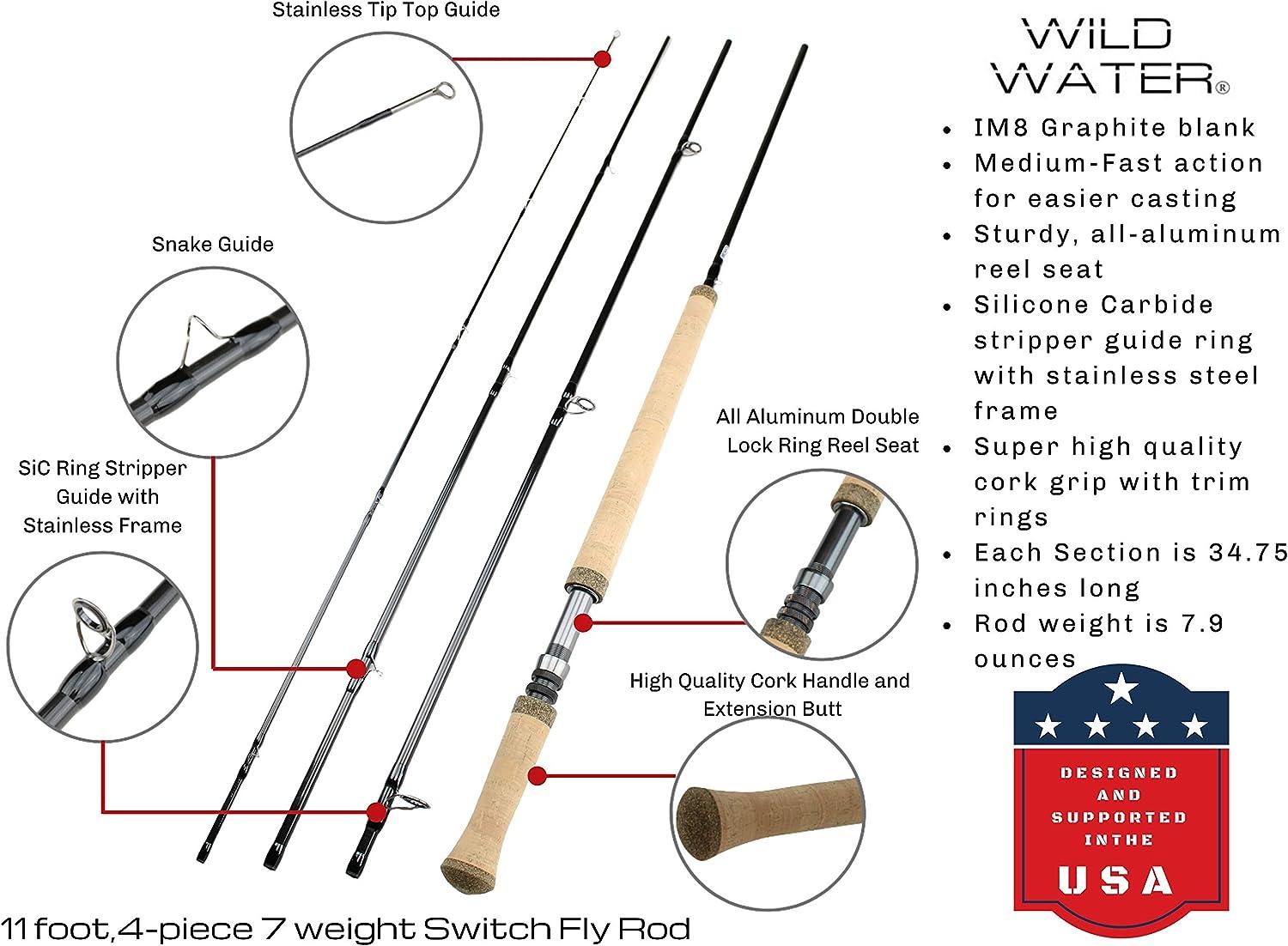 Wild Water Fly Fishing 11 Foot 4-Piece 7-Weight Switch Rod Complete Fly Fishing  Rod and Reel Combo Starter Package for Bass and Pike
