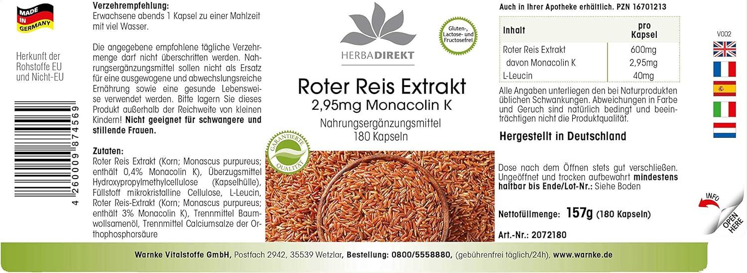 Red Yeast Rice Extract 600mg Contains 2 95mg monacolin K Vegan 180