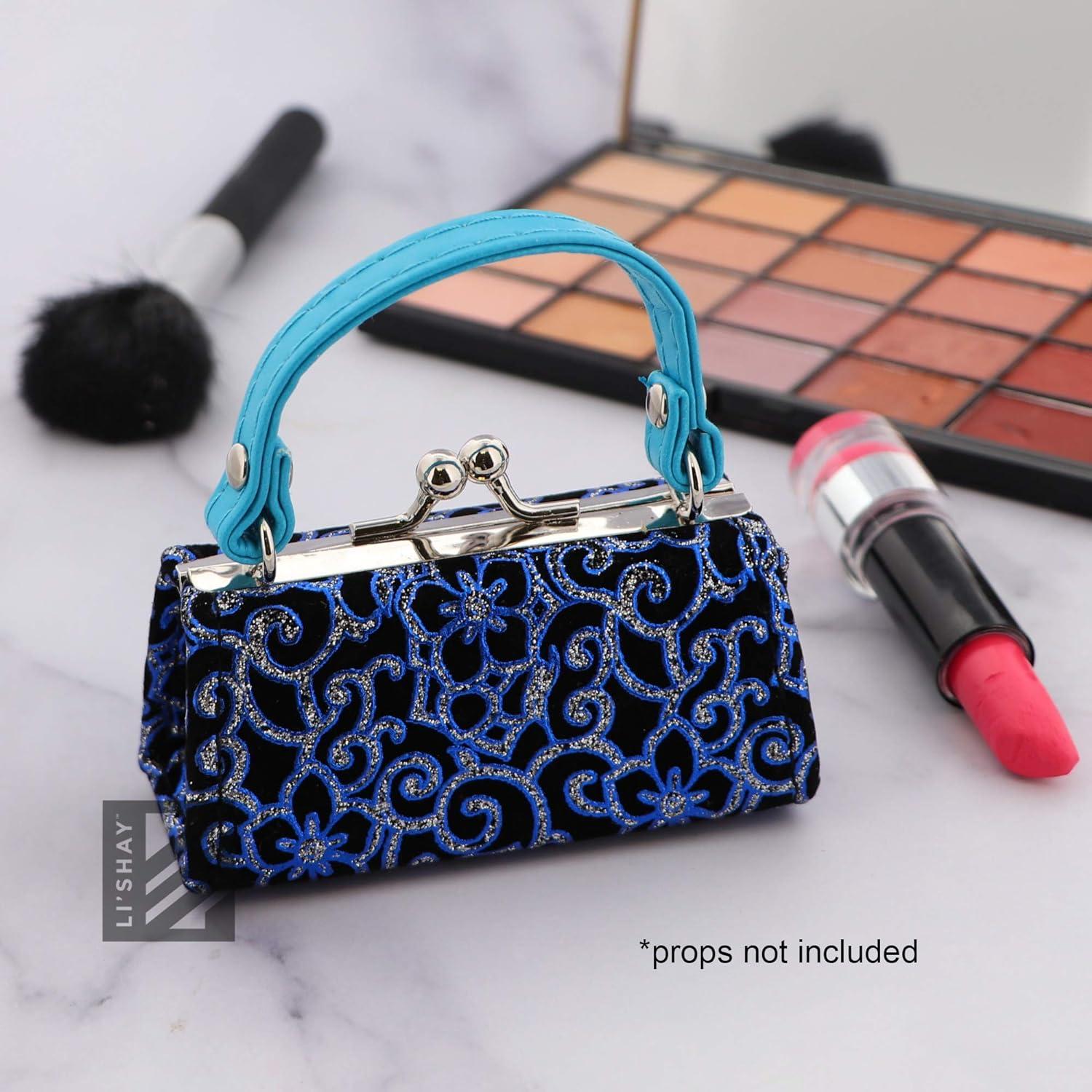 Glitter Flower Lipstick Case with Handle Mahjong Purse Blue