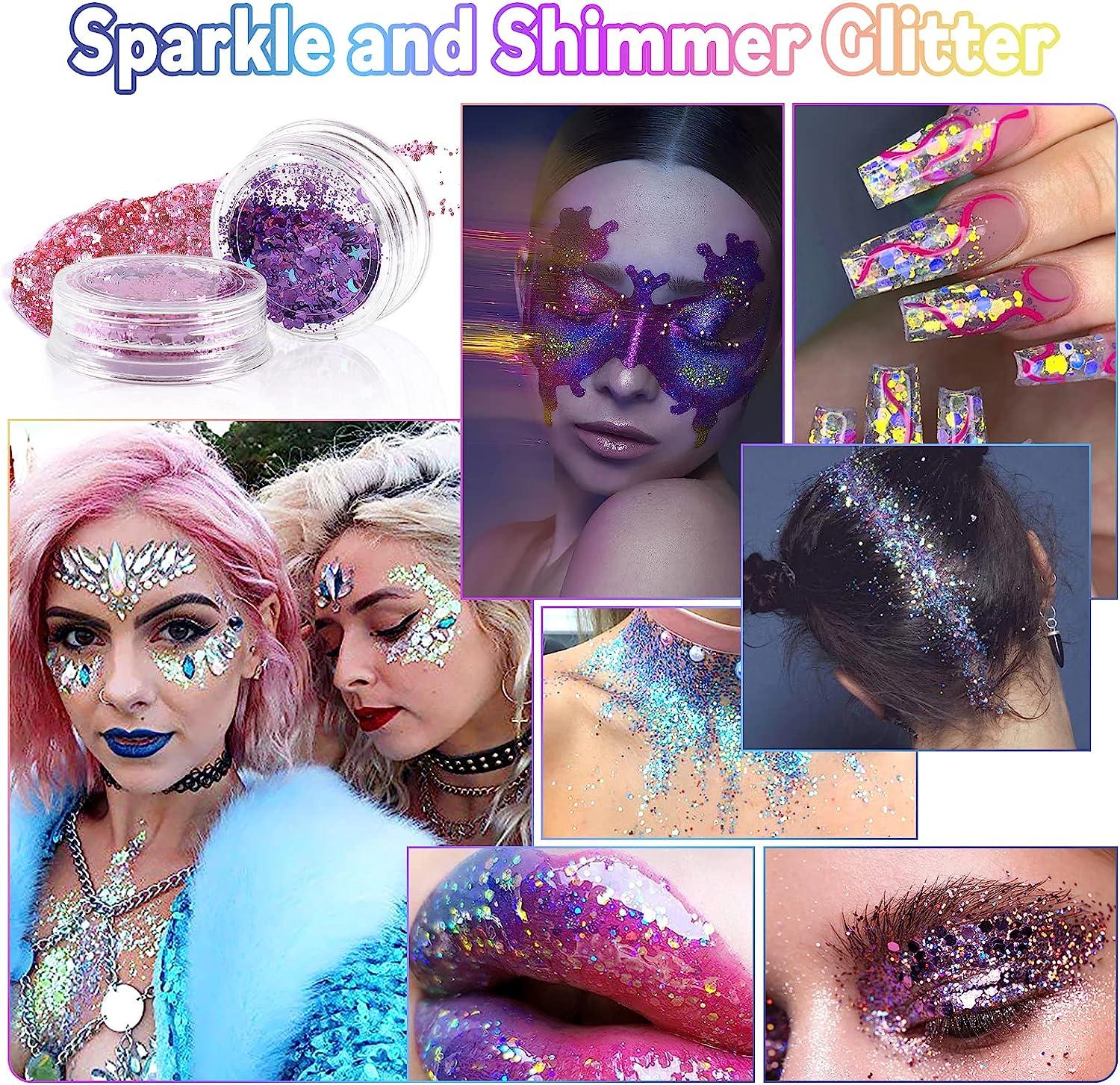 Laza Body Glitter, 2 Jars Iridescent Chunky Sequins with Glitter Glue  Perfect for Women Eyeshadow Makeup Face Paint Festival Rave Outfits Hair  Accessories Carnival Party Costumes - Pink