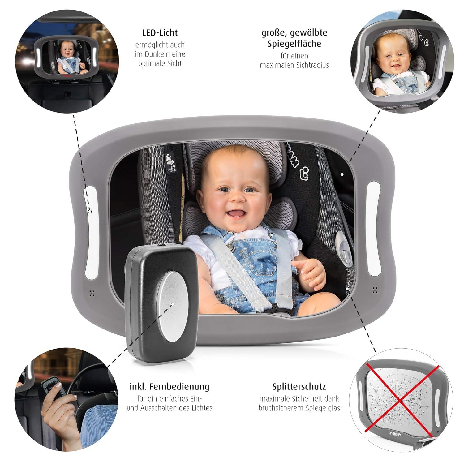 Reer 86101 BabyView LED Car Safety Mirror - Keep an Eye on Your Baby in the  Back Seat - Grey with Lighting | Buy Now with Express International  Delivery