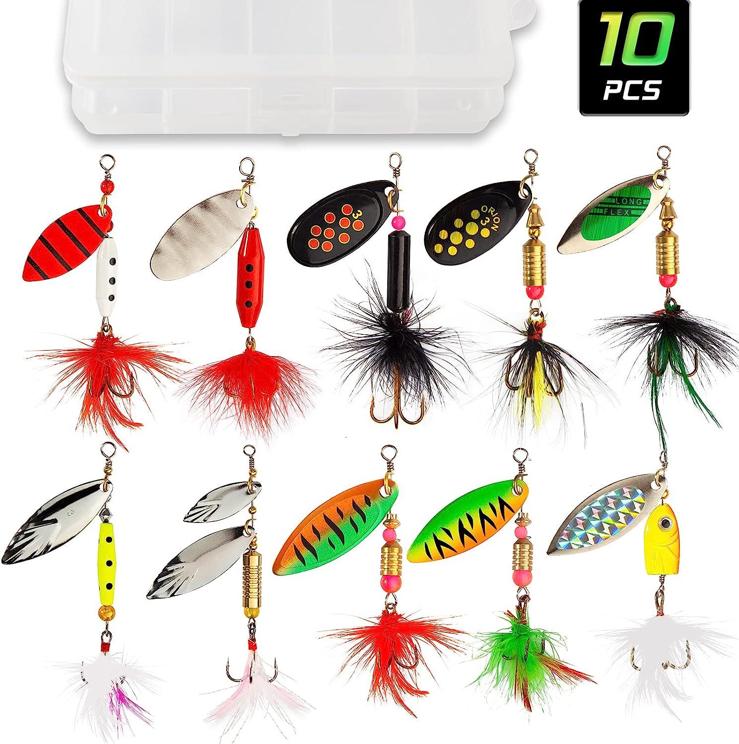 Akataka Spinnerbaits 10Pcs w/ Tackle Box, Colorful Hard Metal Baits Fishing  Lure Kit Set w/ Bass Trout Salmon Walleye, Freshwater & Saltwater Fishing  Lure, IDAL for Begginners and Experienced Style E