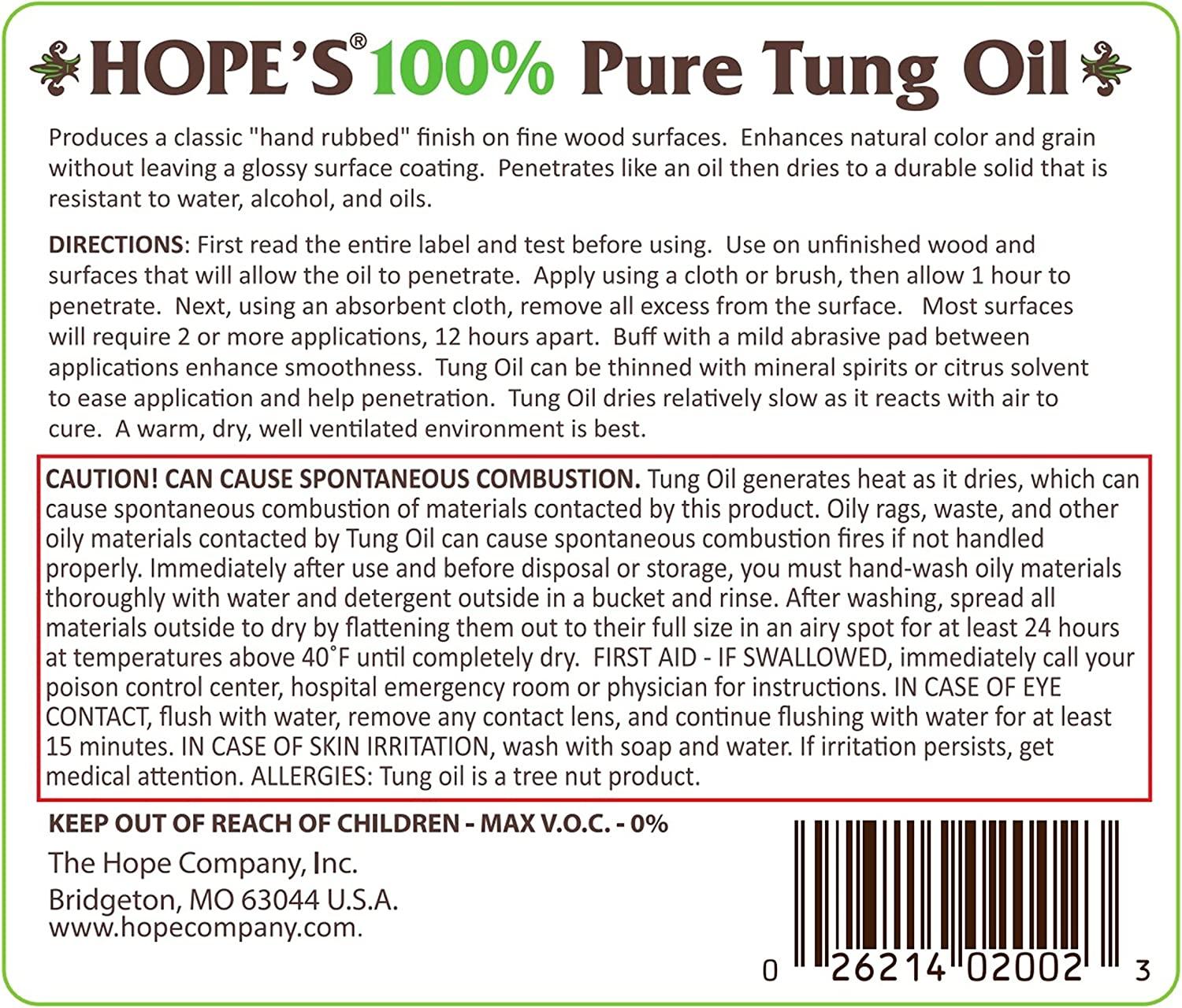 Hope's 100 Pure Tung Oil, Waterproof Natural Wood Finish and Sealer