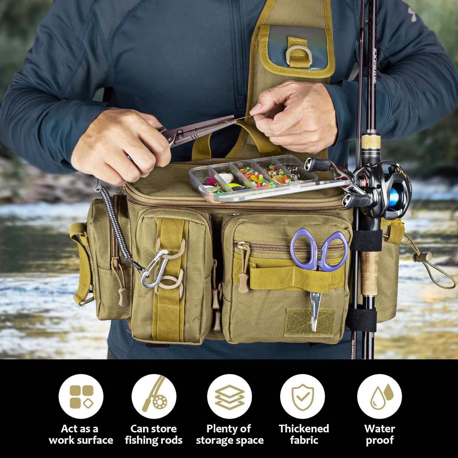 THKFISH Fishing Tackle Bag Fishing Sling Pack Portable Fly Fishing Bag  Tackle Box Bag with Rod Holder Khaki-New upgrade