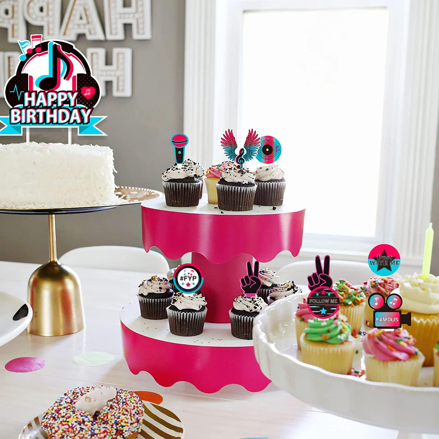 25Pcs TIK Music Happy Birthday Cake Toppers Girl's Karaoke Party Supplies