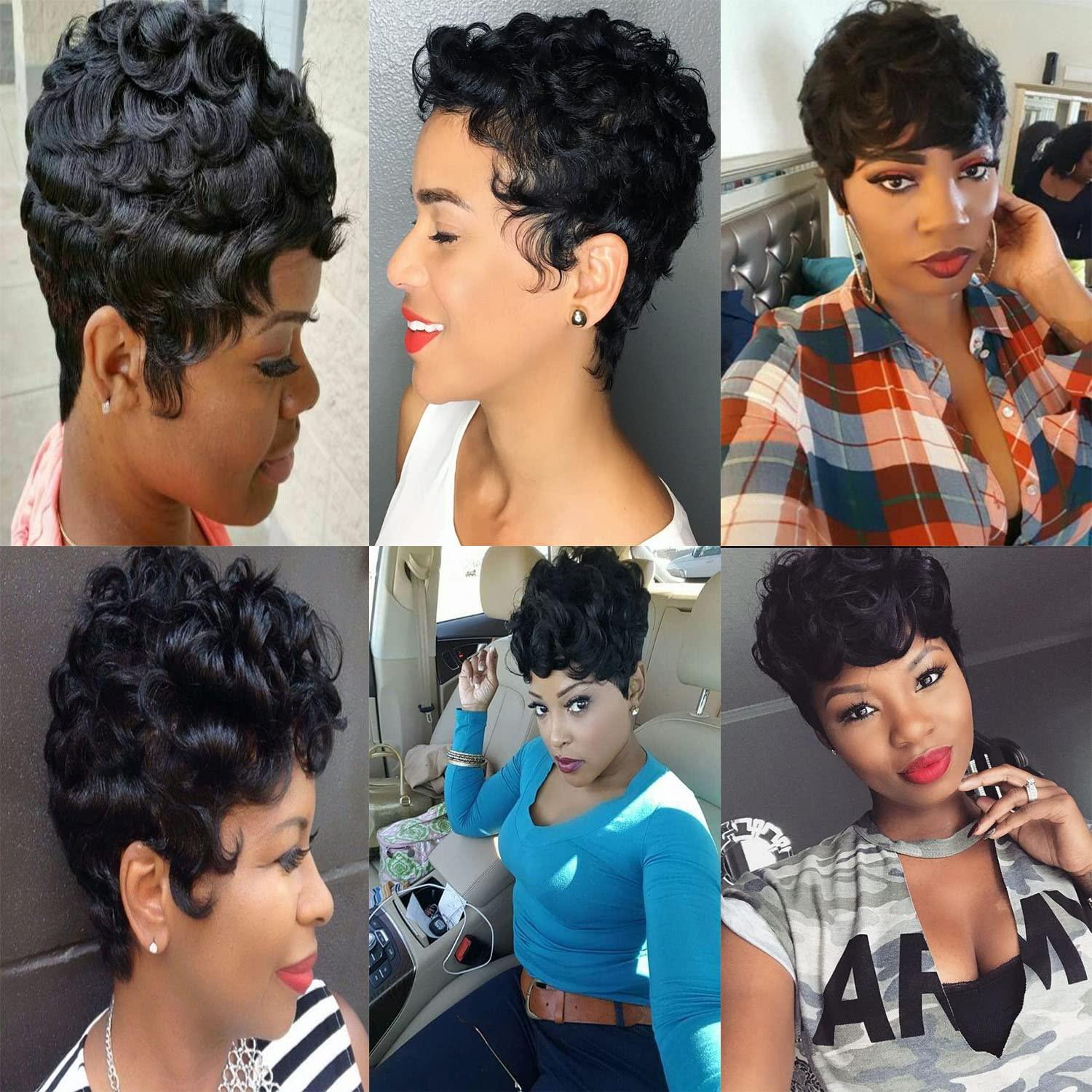 Natural Black Short Pixie Cut Wigs for Black Women Curly Hair Replacement  Short Black Layered Wavy Pixie Wig With Bangs for Black Women ( Natural  Black #1B)