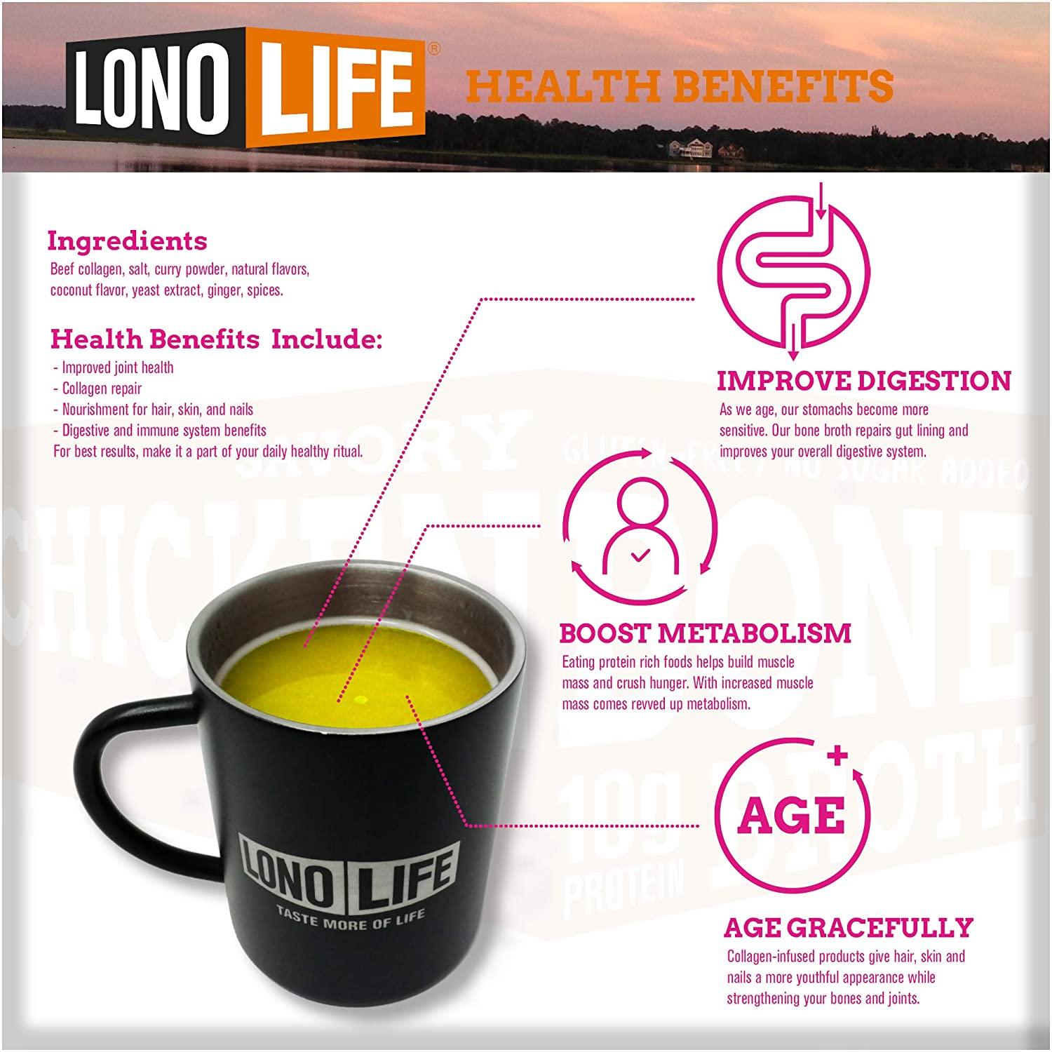 LonoLife Thai Curry Beef Bone Broth Powder with 10g Protein, Paleo