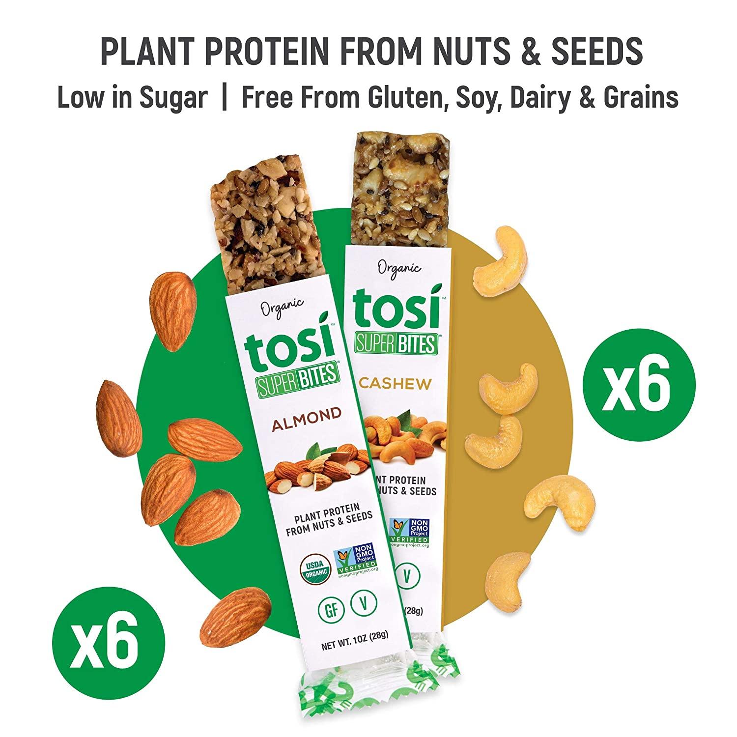 Tosi Organic SuperBites Vegan Snacks, KetoFriendly, Best Sellers Combo 6 Almond and 6 Cashew