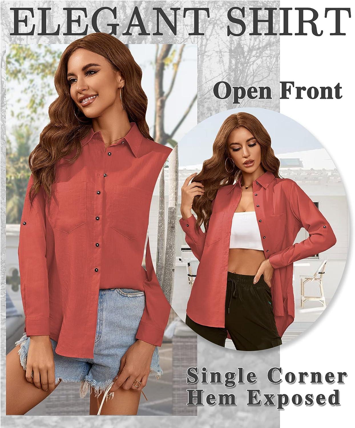 Deer Lady Womens Button Down Shirts Roll Up Long Sleeve Casual