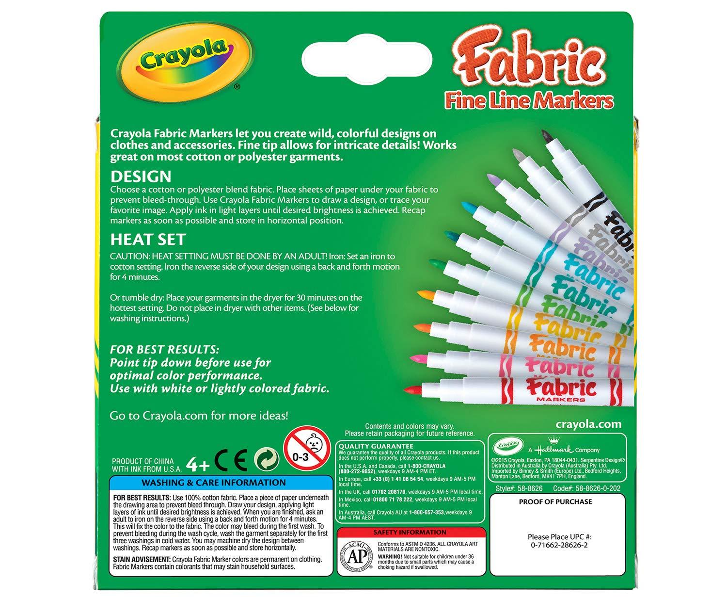Crayola Fabric Markers for Kids Set of 10 Fine Tip Assorted Colors