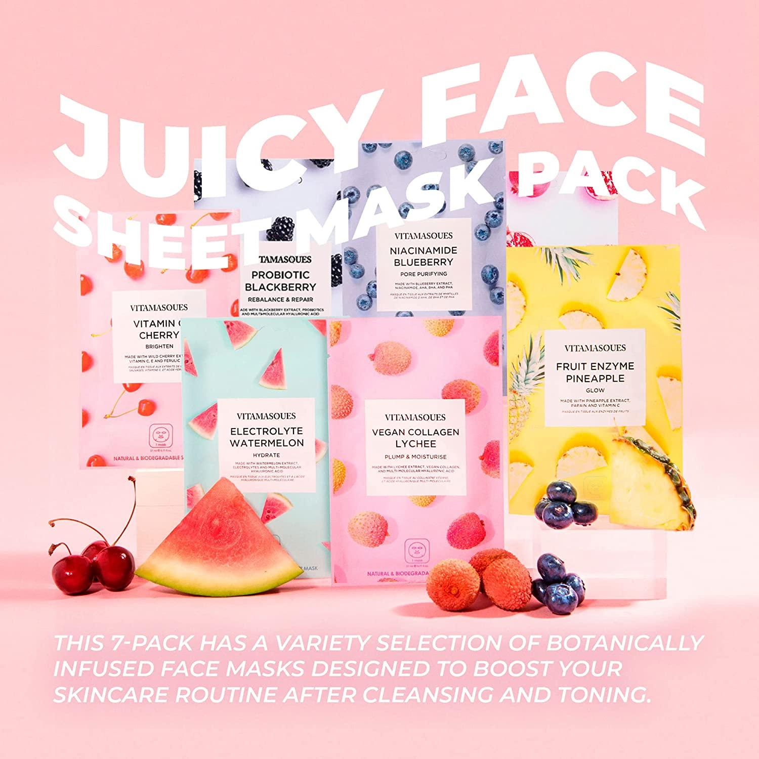 Vitamasques Face Masks Skincare Sheet Kit, 7Pack Juicy Collection of TripleLayer Sheet